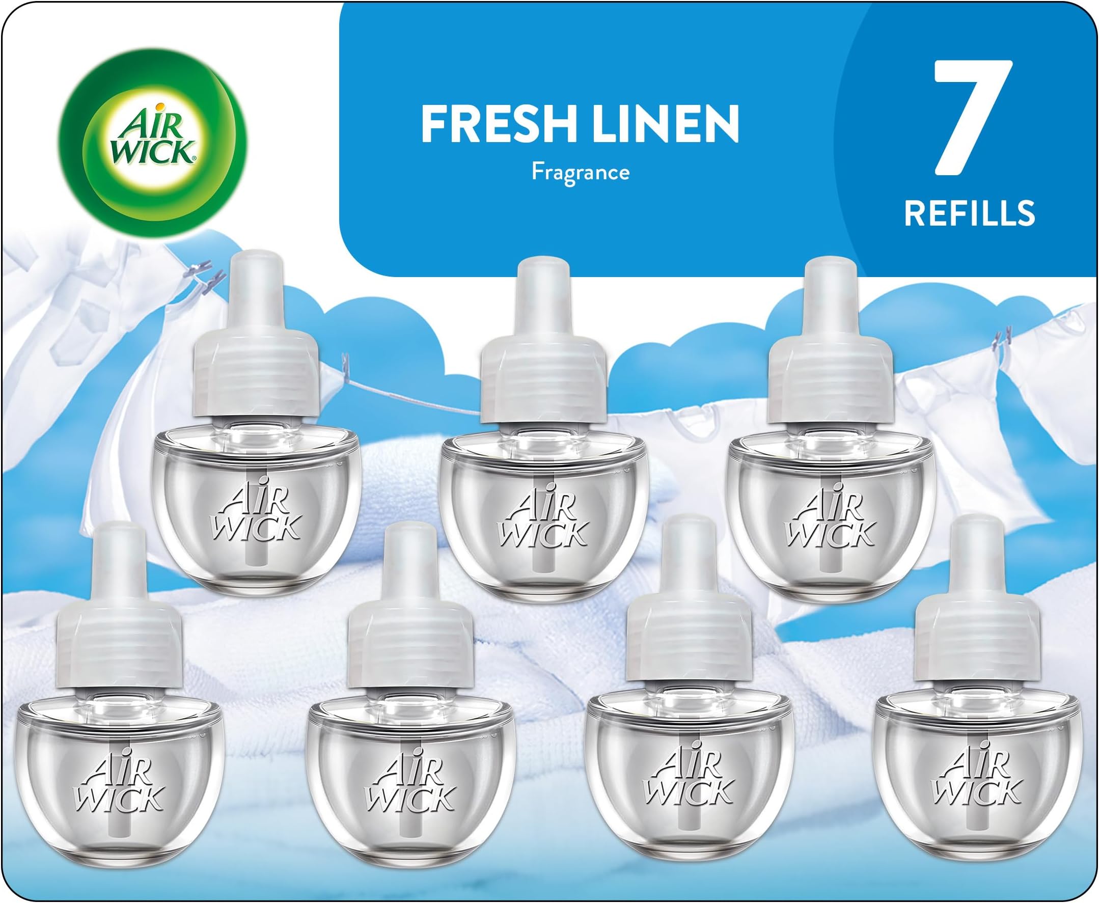 Air Wick Plug in Diffuser Refill, Fresh Linen, Pack 7 x 19ml, Long Lasting Fragrance, Lasts up to 200 days, Plug in Air freshener