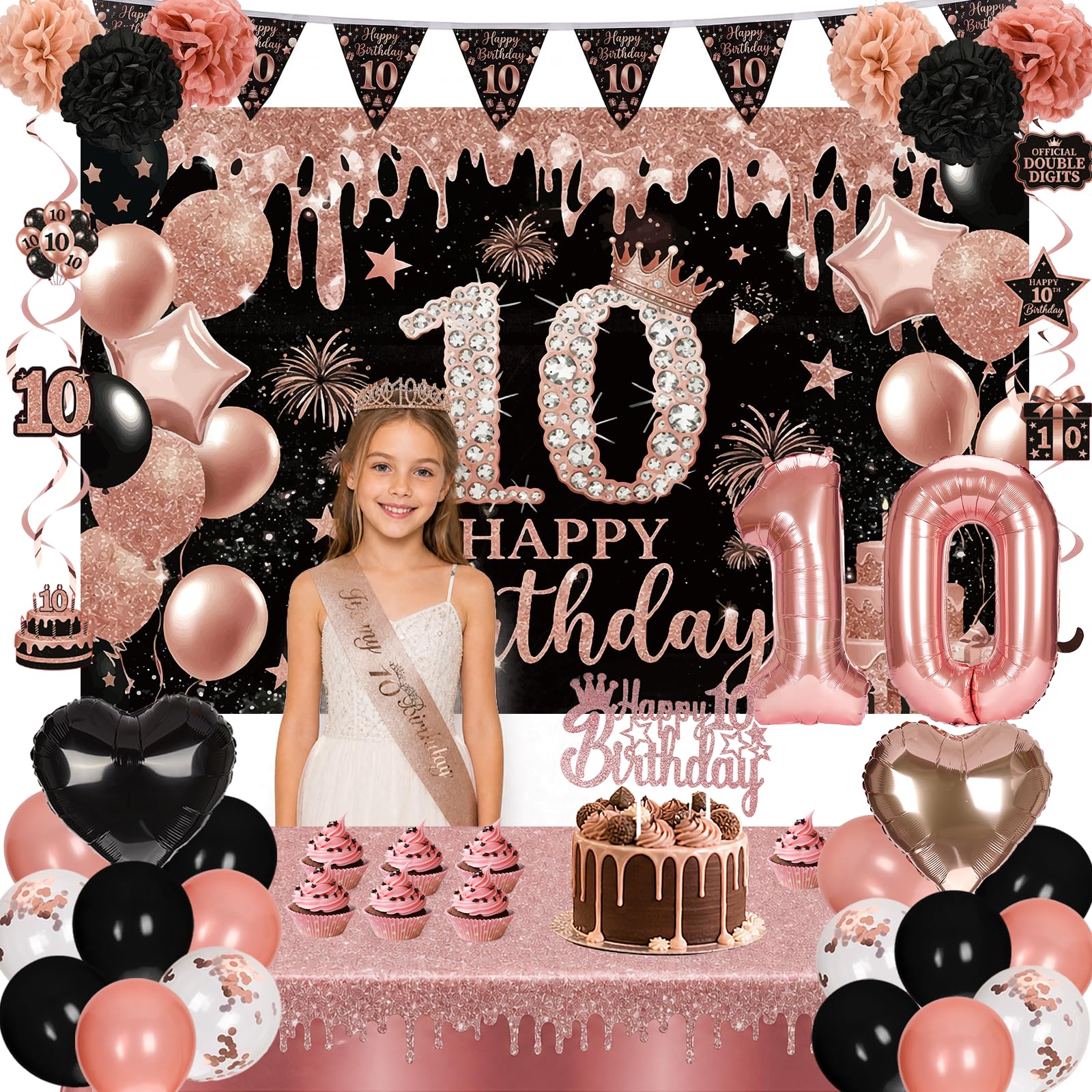 Bafeil 10th Birthday Decorations Black Rose Gold Party Decor Set for Girls