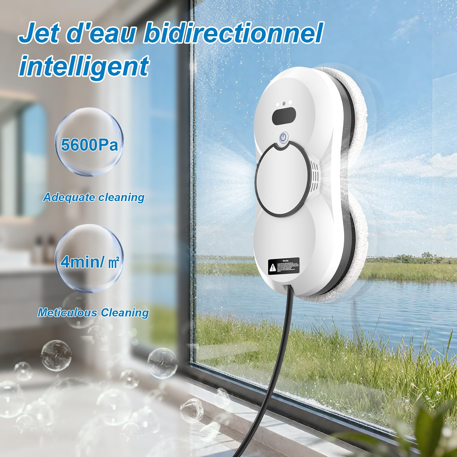Robot Laveur de Vitre pour Fenêtres avec Cadre, 5600Pa Robot Lave Vitre avec Détection des Bords, Laveur de Vitre Automatique Multi-Surfaces Lisses pour Maison et Bureau, Télécommande + 10 Chiffons