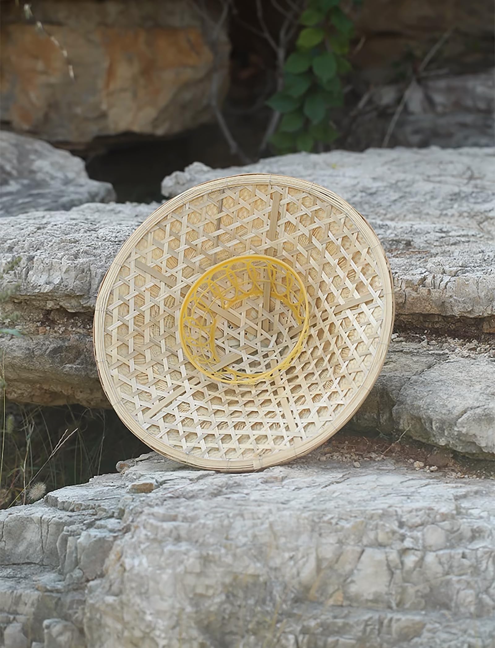 TIETHEKNOT Sombrero de paja de bambú hecho a mano (diámetro 42 cm, profundidad 12 cm), amarillo claro, 59