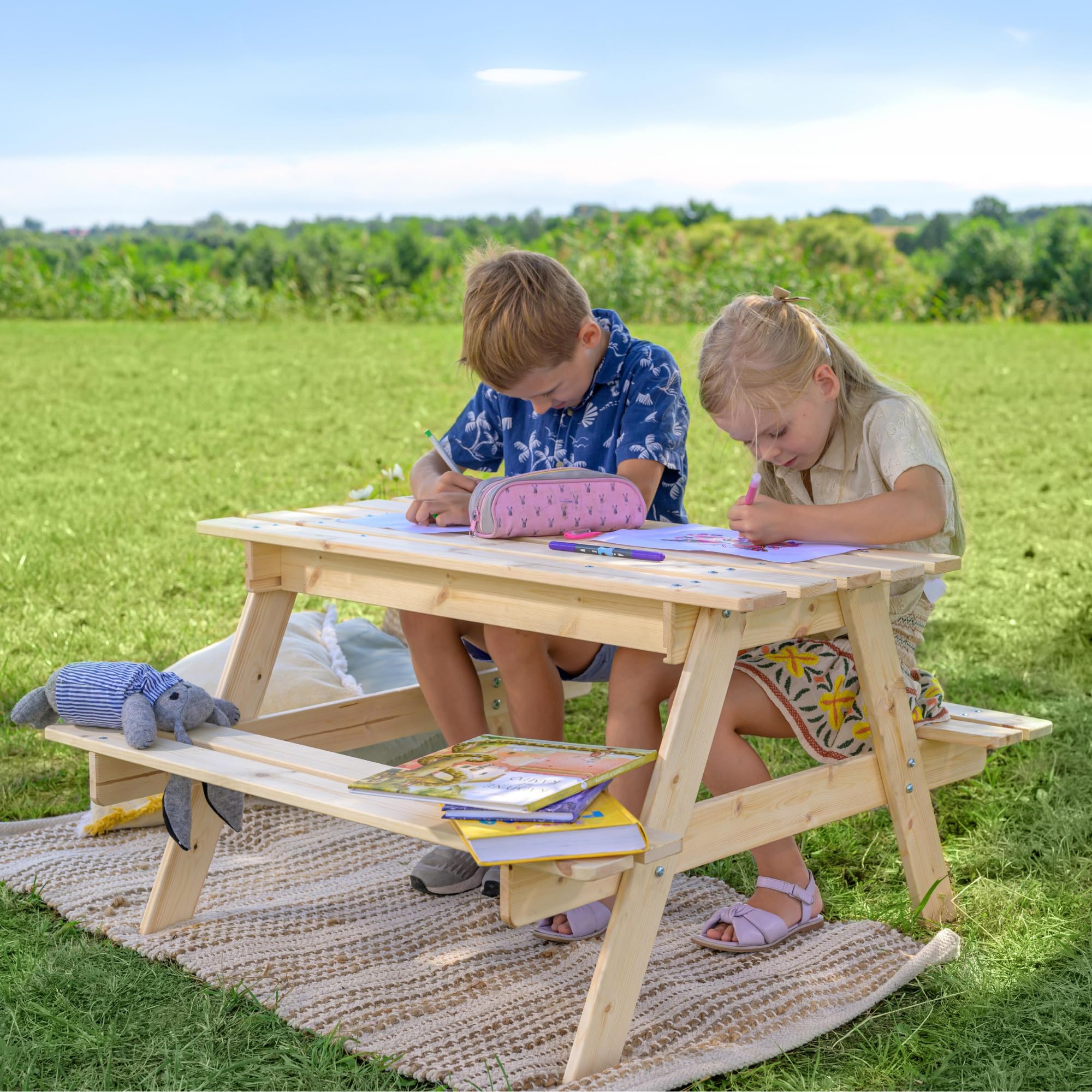 TIMBERA M010-1 Table et Chaise Enfant pour Le Jardin - Salon de Jardin avec Boîte de Rangement - 90x90xH50 cm pour l'Extérieur ou à l'Intérieur