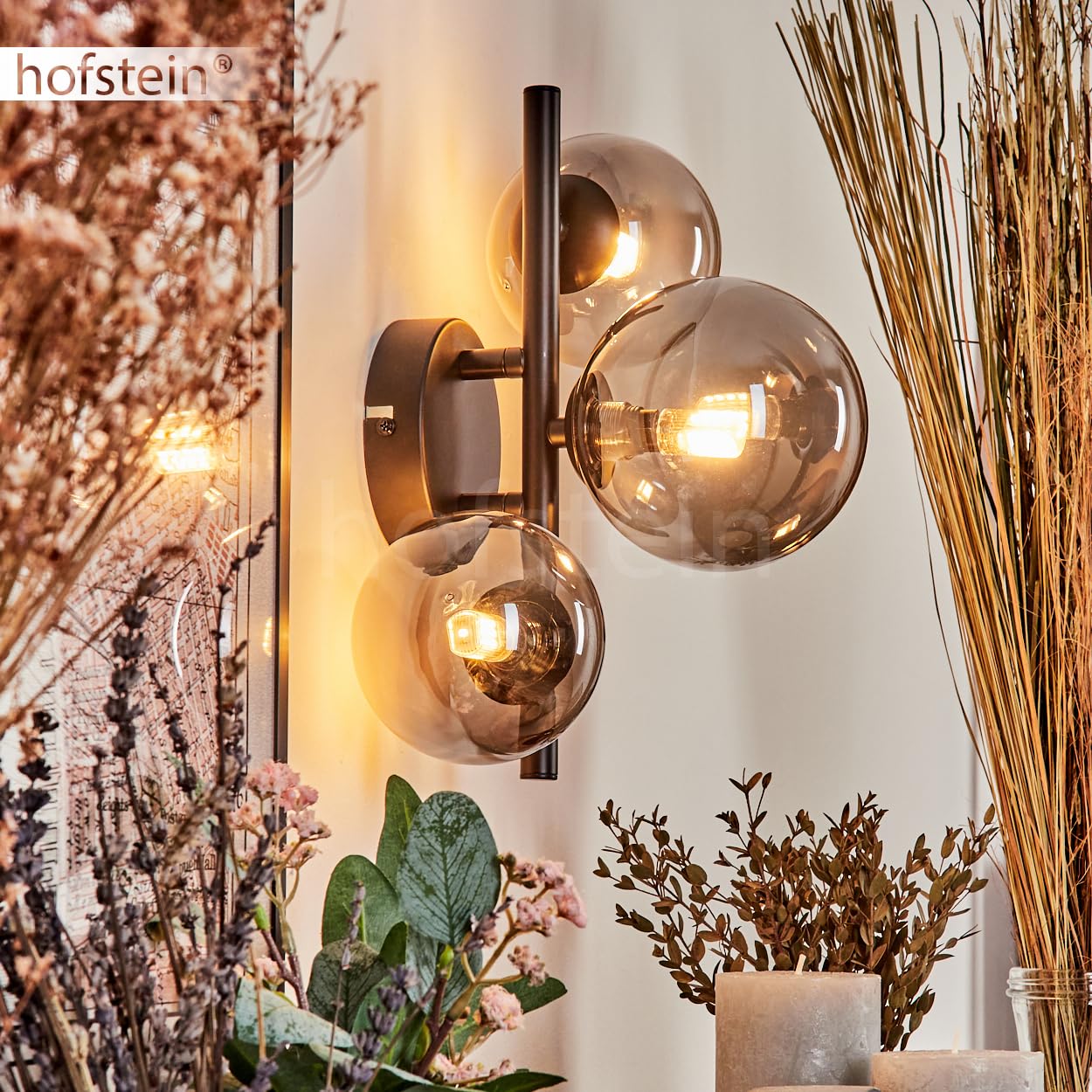 Wandleuchte Chehalis, Wandlampe aus Metall/Glas in Schwarz/Rauchfarben, Leuchte im Retro/Vintage-Design mit Schirmen aus Glas (Ø 10, 12 cm) u. An/-Auschalter am Gehäuse, 3 x G9, ohne Leuchtmittel