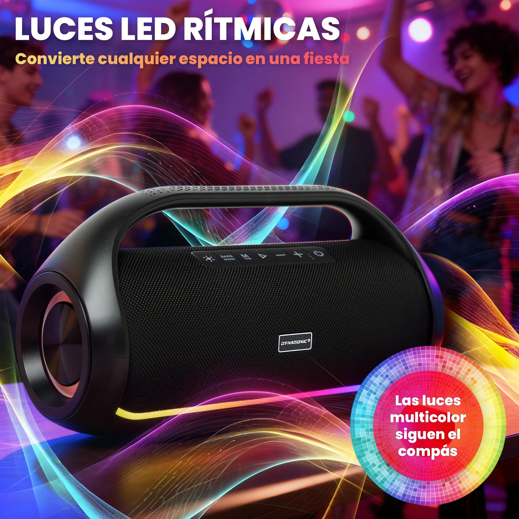 DYNASONIC S90 - Altoparlante Bluetooth portatile impermeabile IPX5. Altoparlante wireless per esterni. Stereo senza fili. Potente lettore audio con luci LED integrate. Micro-SD, USB.