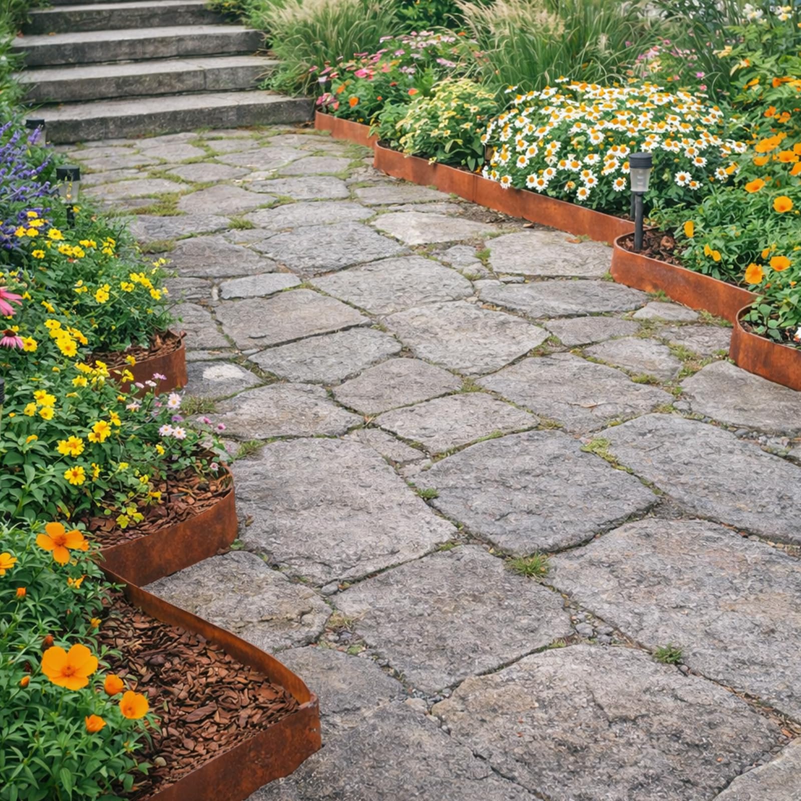 Bordura Acero Corten 12m x 14cm, Borduras Jardín Metálica, con Pátina de Óxido, Incluye 1 Par de Guantes, para Parterres de Flores y Caminos de Patio (Superficie Plana, 6M x 14CM)
