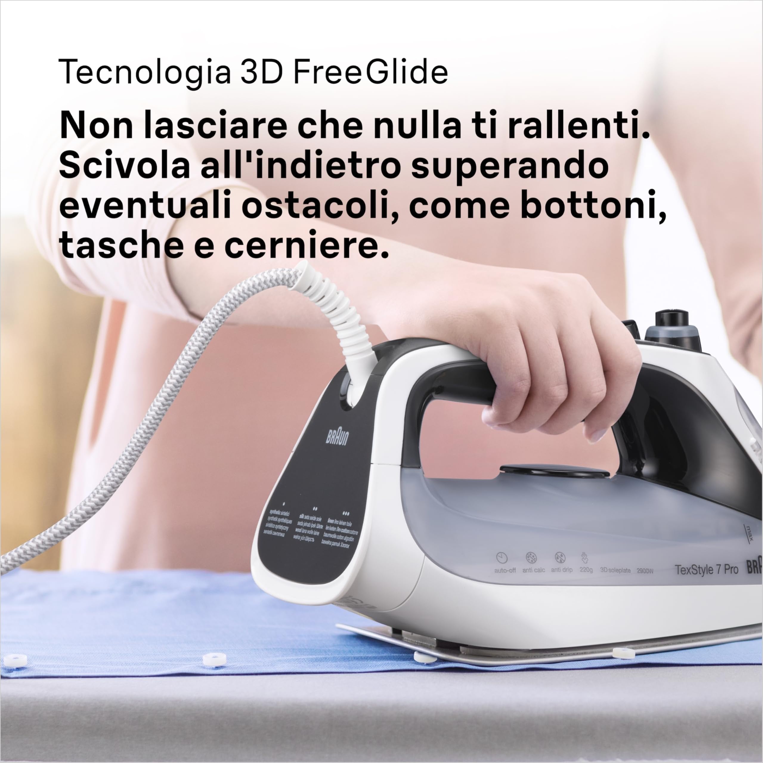 Braun TexStyle 7 Pro SI7149WB, Ferro da Stiro con Piastra FreeGlide 3D EloxalPlus, 220 g/min, Punta di Precisione, Manico Ergonomico, Ricarica da 300ml, Sistema Antigoccia, 2900W, Bianco/Grigio