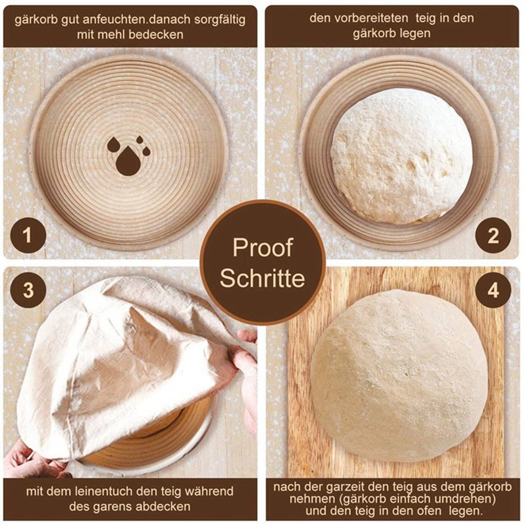 Juego redondo, 4 cestas de levadura para pan y masa de pan, cesta para invitados Banneton con insertos de , juego de espátulas redondas