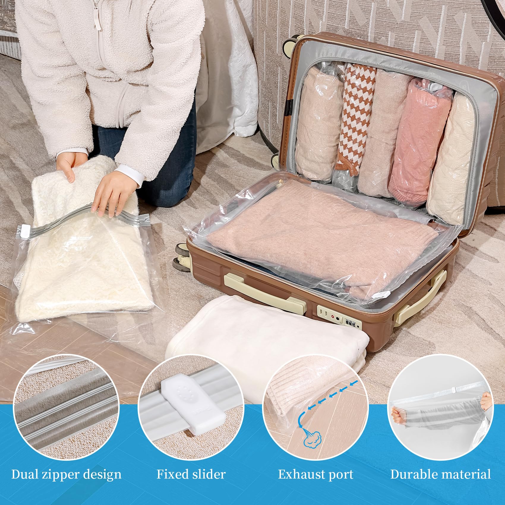 Roqao Compression Bags for Travel, 12 Pack Roll Up Compression Bags No Vacuum or Pump Needed, Travel Essentials, Space Saver for Packing and Luggage, Home Organizers Storage