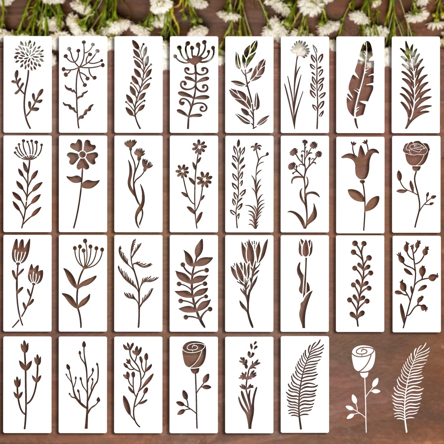 QSZKeer 30Pcs Wildflower Stencils - Botanical Flower & Leaf Plastic Art Drawing Templates - DIY Crafts & Painting on Wood, Wall, Canvas, 3x6 inches