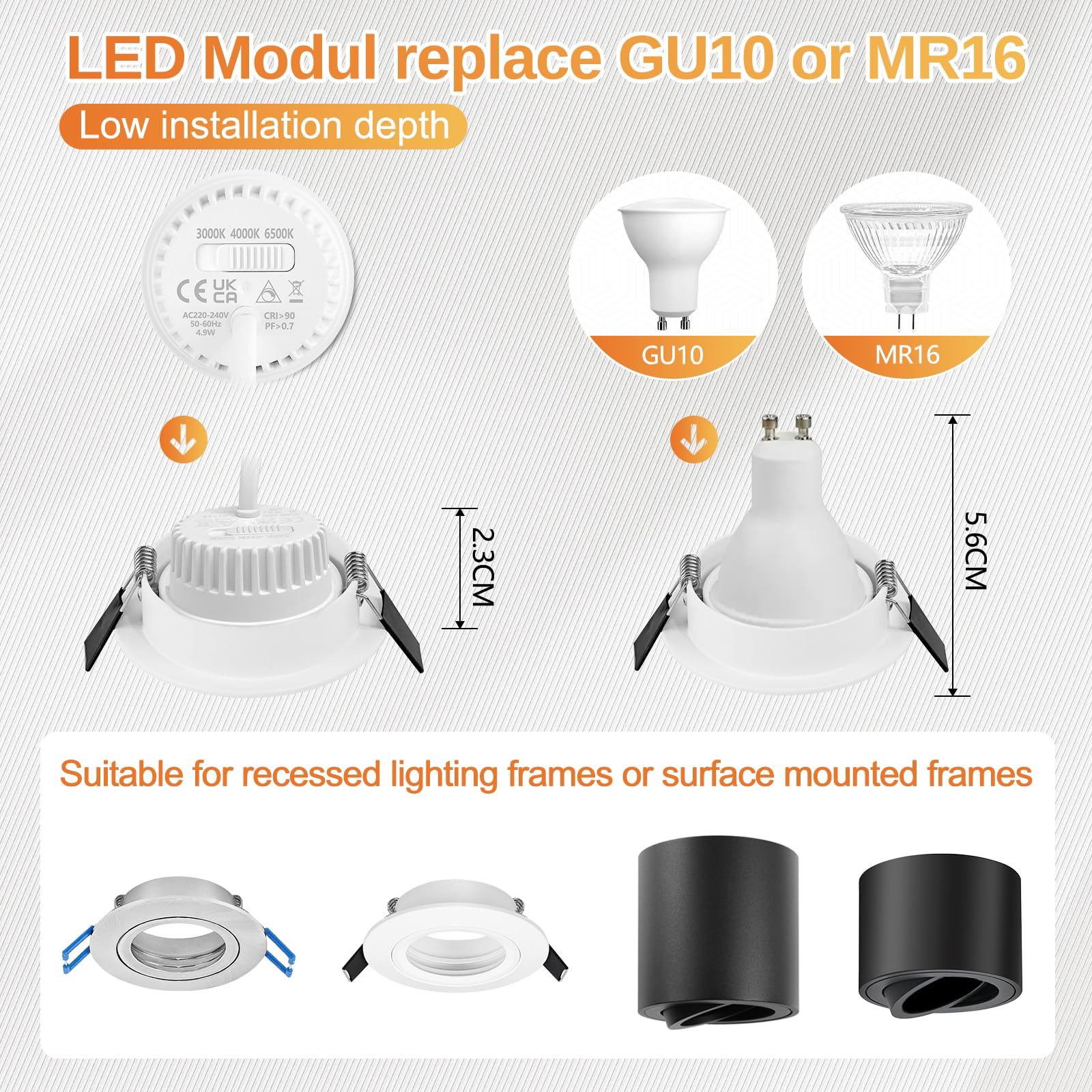 KYOTECH 10x Modulo LED Ultrapiatto ø50x23mm Dimmerabile 3CCT Bianco caldo 3000K Bianco naturale 4000K Bianco freddo 6500K Sostituzione per MR16 GU10,120°per faretti da incasso a soffitto plafoniere