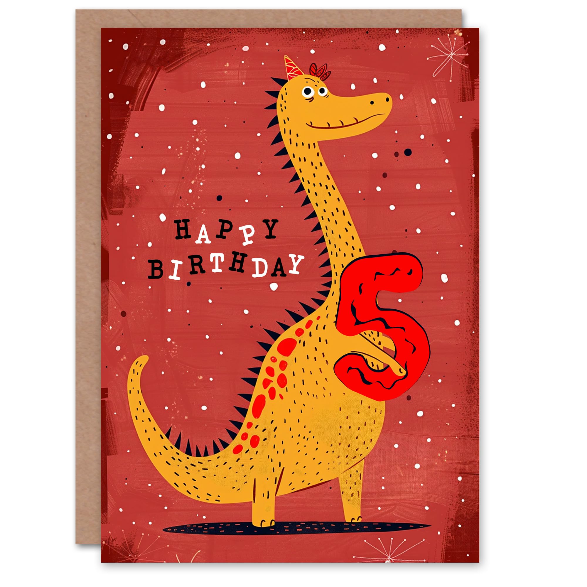 Artery8 Dinosaur Cartoon Greeting Card - 5th Birthday - Red
