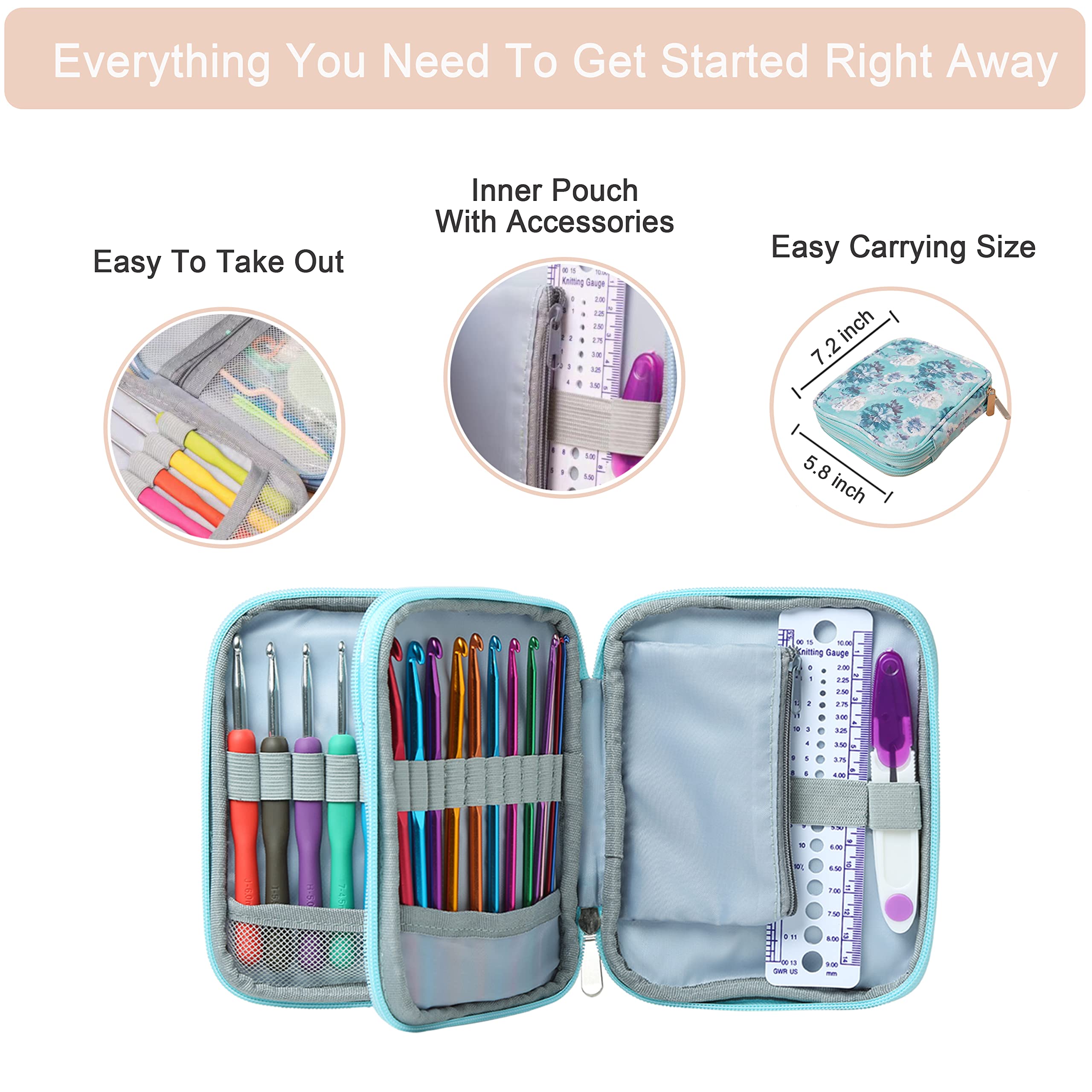 SHAXANO Zestaw haczyków do szydełkowania z etui, 86-częściowy zestaw haczyków do szydełkowania, z 9 gumowymi ergonomicznymi haczykami i 12 aluminiowymi haczykami do szydełkowania, 65 niezbędnych akcesoriów do szycia, tkania, robienia na drutach