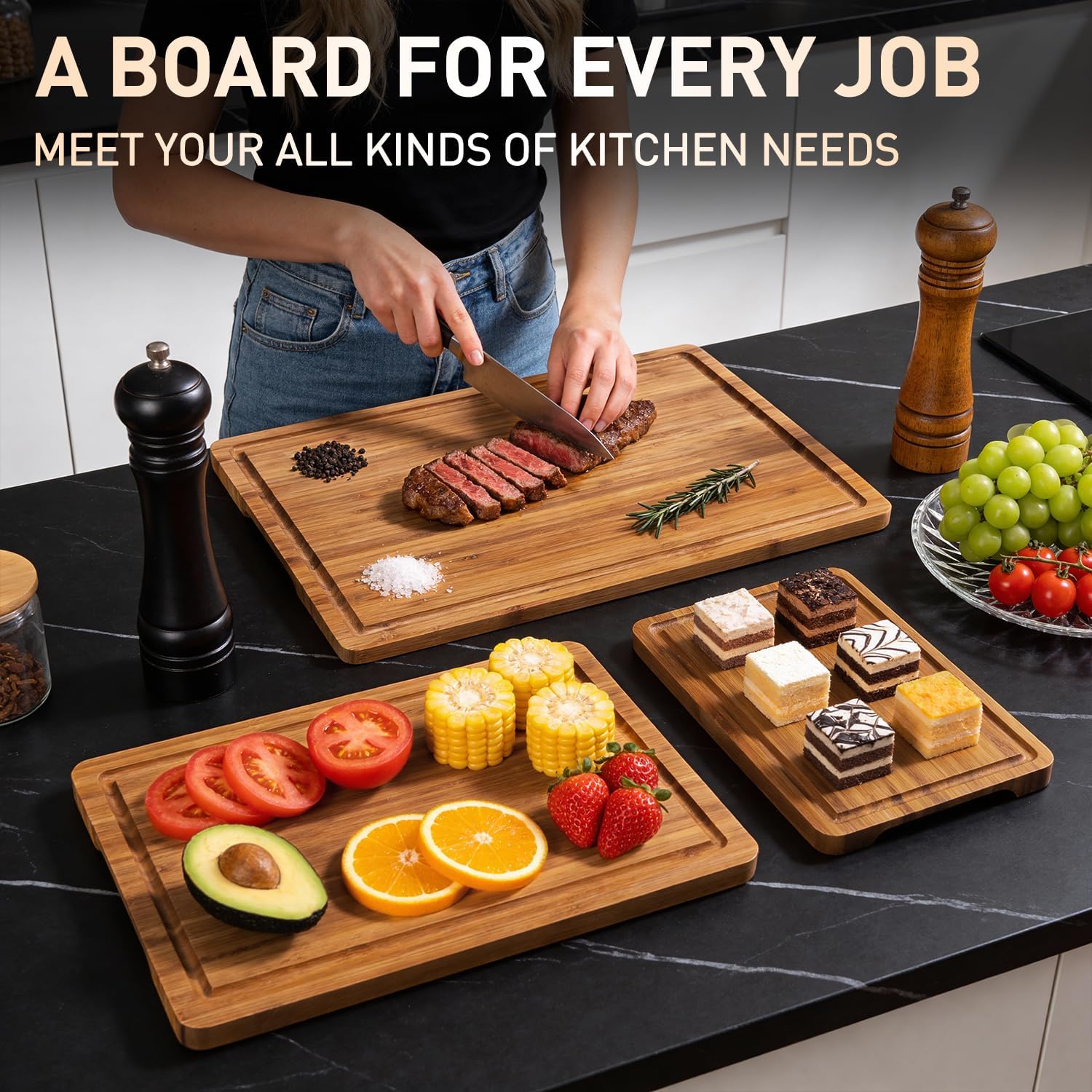 3 Pack Non Toxic Bamboo Cutting Board Set with Non Slip Feet and Juice Groove Solid Wooden Chopping Boards for Kitchen Meat Hard Large Wood Cutting Board Serving Bread Charcuterie Boards Butcher Block