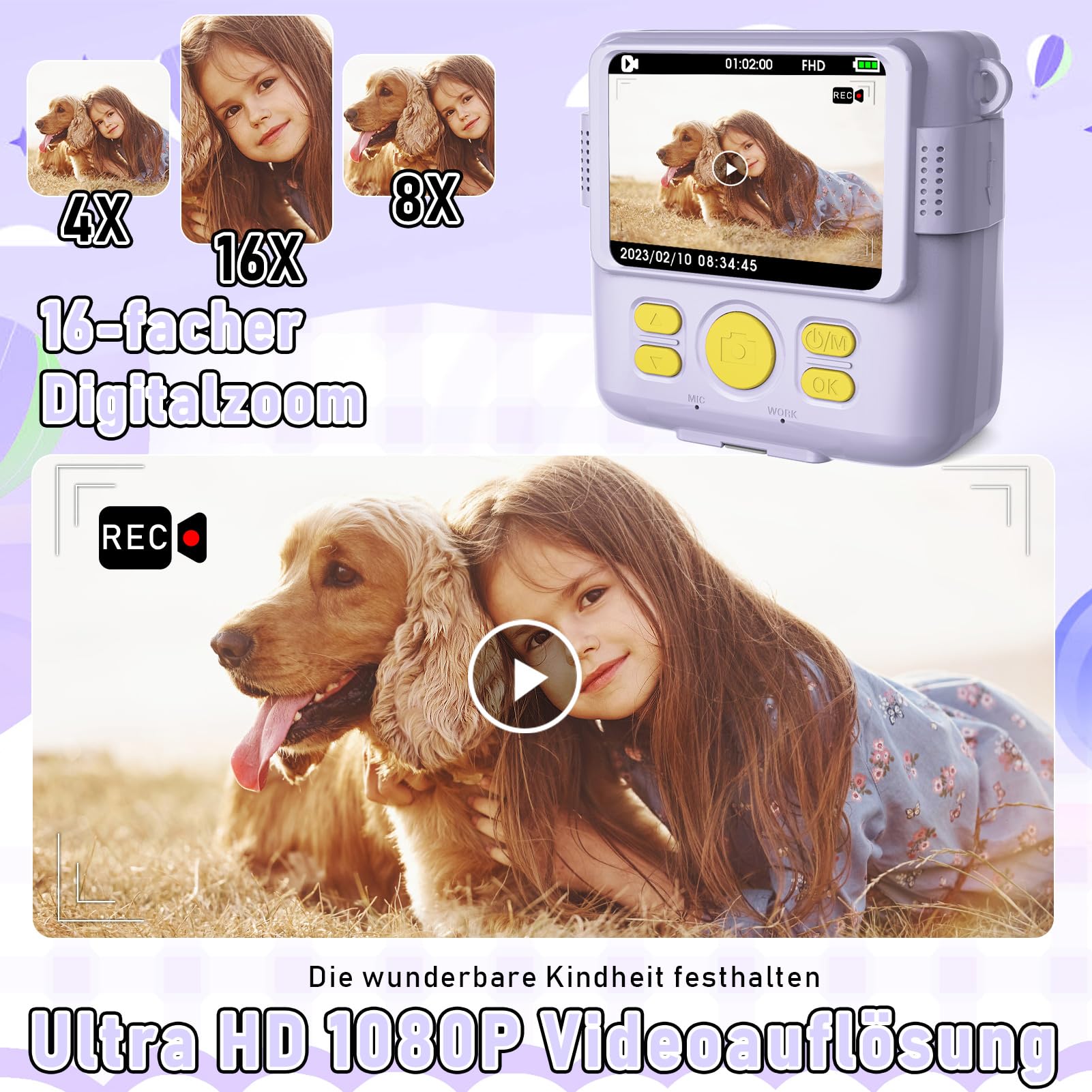 MILFECH Kinderkamera Sofortbildkamera, 1080P 2,4 Zoll Bildschirm DigitalKamera Kinder mit 5 Rollen Druckpapier,32GB Karte, Fotokamera mit 6 Farbigen Stiften,2 Aufkleber Geschenk für Kinder (Lila)