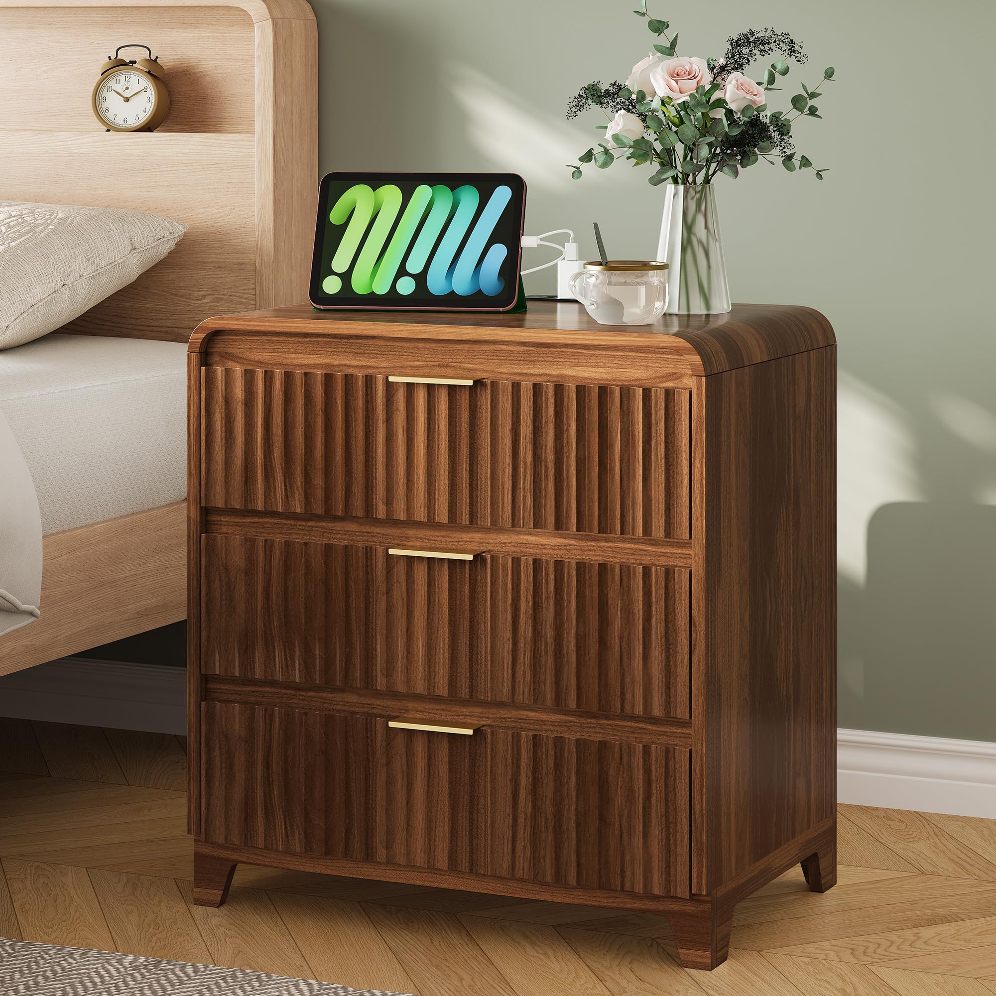 Walnut Night Stand with Charging Station, 24" Wide Fluted Nightstand, Large Modern Side Table with 3 Drawers Storage, Wood Bedside End Table for Bedroom, Walnut Brown