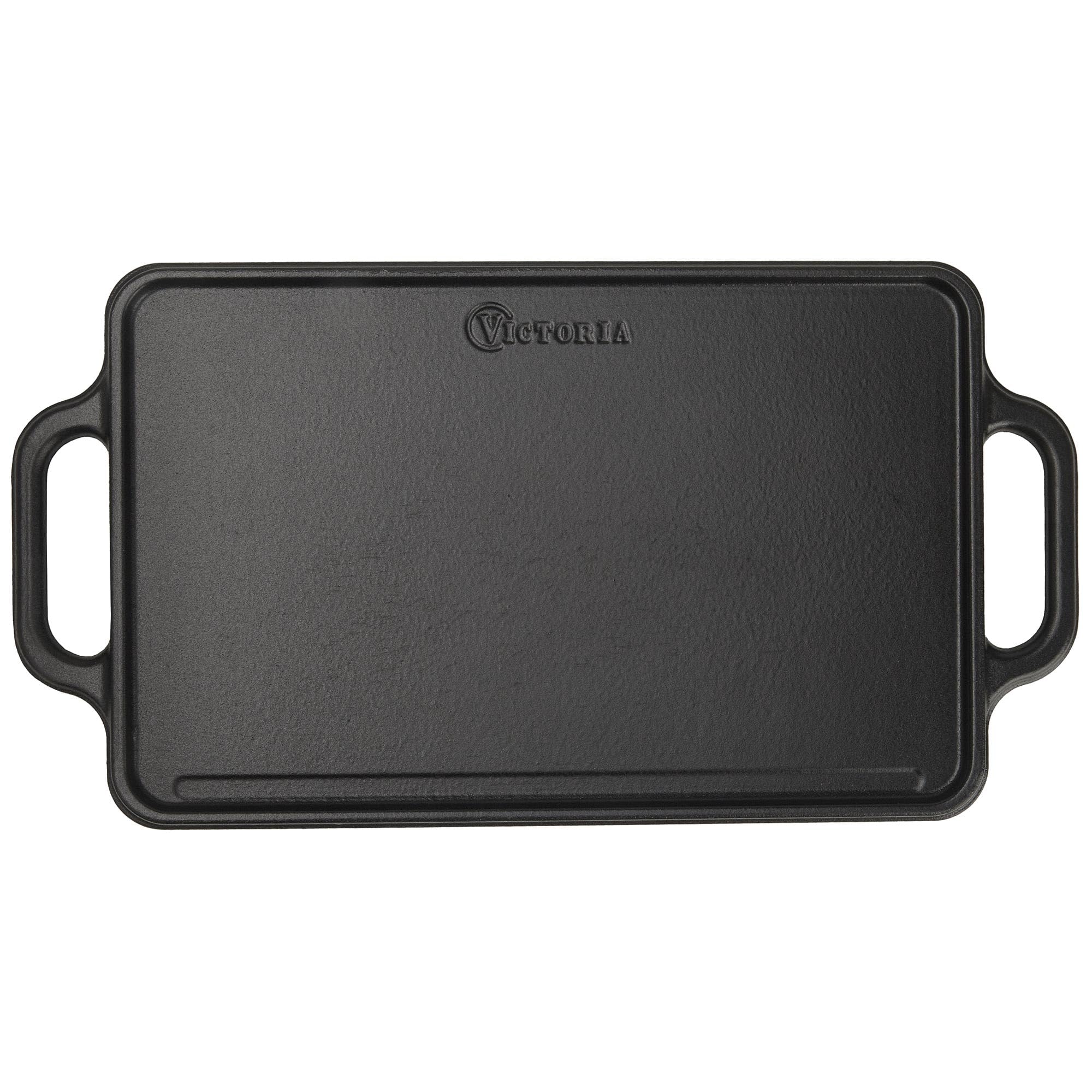 VICTORIA Plancha Cocina Hierro Fundido Esmaltado Parrilla Doble Reversible 33 X 21cm para Fuego, Barbacoa, Horno, Vitrocerámica, Gas, Libre de Tóxicos sin PTFE