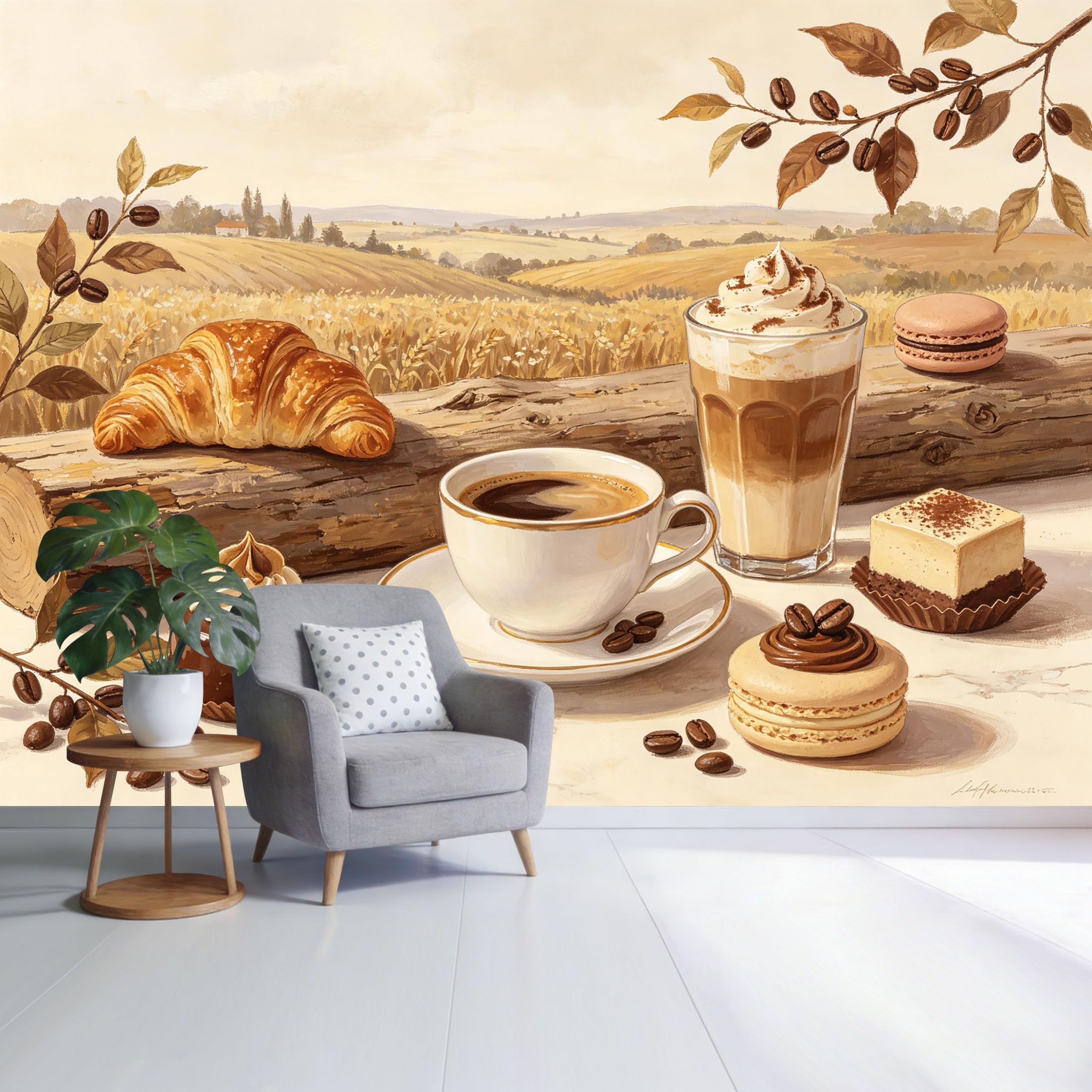 Custom Size Wall Mural Coffee Dessert Landscape Croissant Latte Macaron Farmhouse Style SelfAdhesive Wall Fabric Removable Wallpaper for Home Office Decor