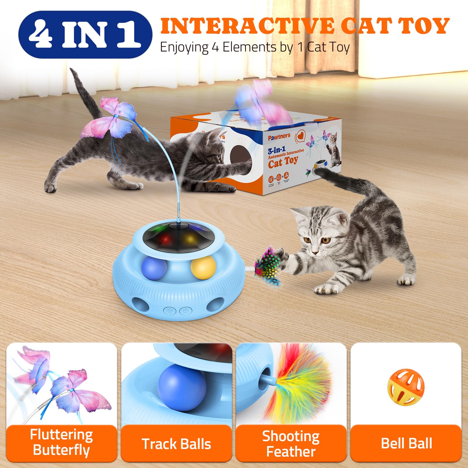 Jouet interactif pour chat : jouet automatique 4 en 1 pour chat d'intérieur, jouet électrique avec batterie rechargeable, jouet pour chaton avec papillon flottant, balle de piste et paquet de plumes