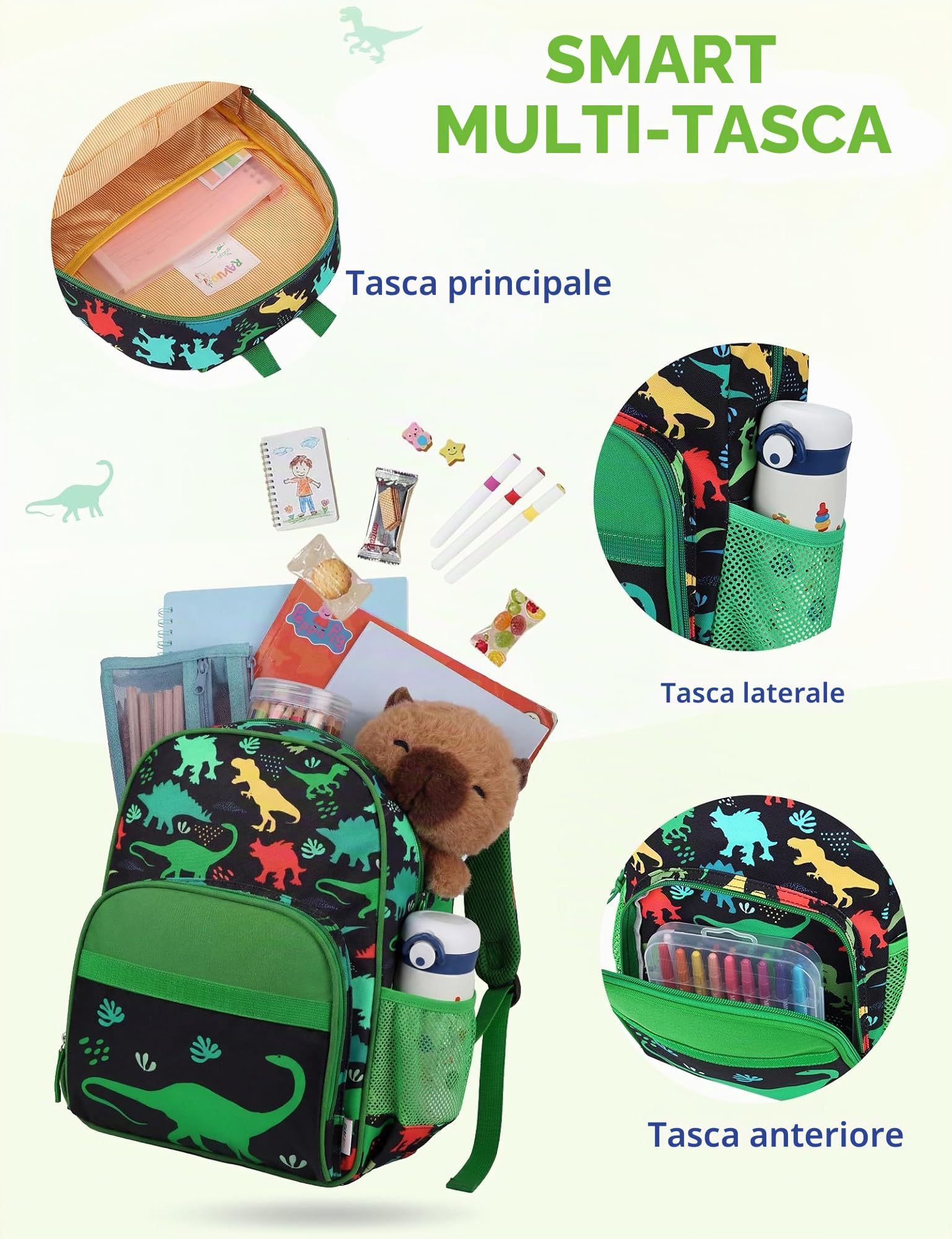 RAVUO Zainetto Bambino, Leggero Zaino Scuola Elementare Impermeabile Zainetto Asilo Bambina Carino Zaino Bimbo Zaino Ragazzo Zainetto Dinosauri Grande per Prescolare 2-10 Anni