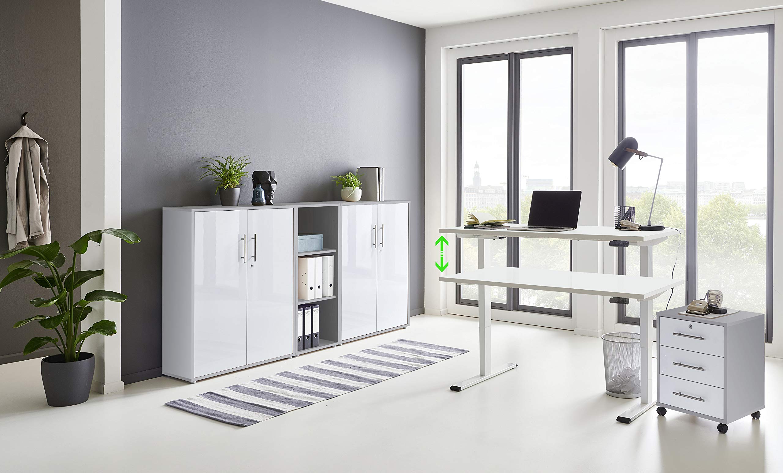 Büromöbel komplett Set mit elektrisch höhenverstellbaren Schreibtisch in Weiß Arbeitszimmer e-Dition in Lichtgrau/Weiß Matt/Gestell Weiß (Set 8)