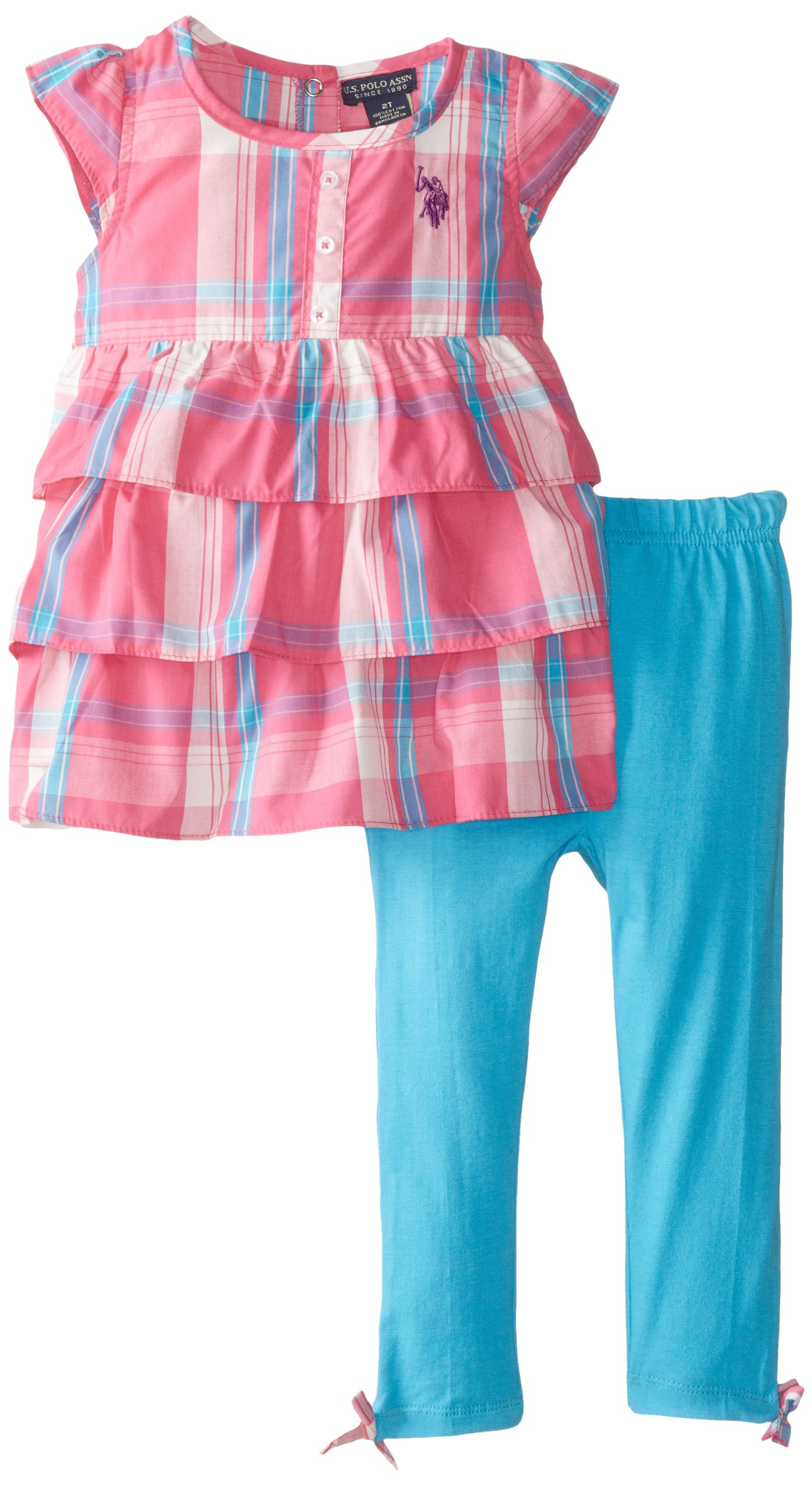 U.S. POLO ASSN. Little Girls' Plaid Tiered Ruffle Top with Leggings Two-Piece Set