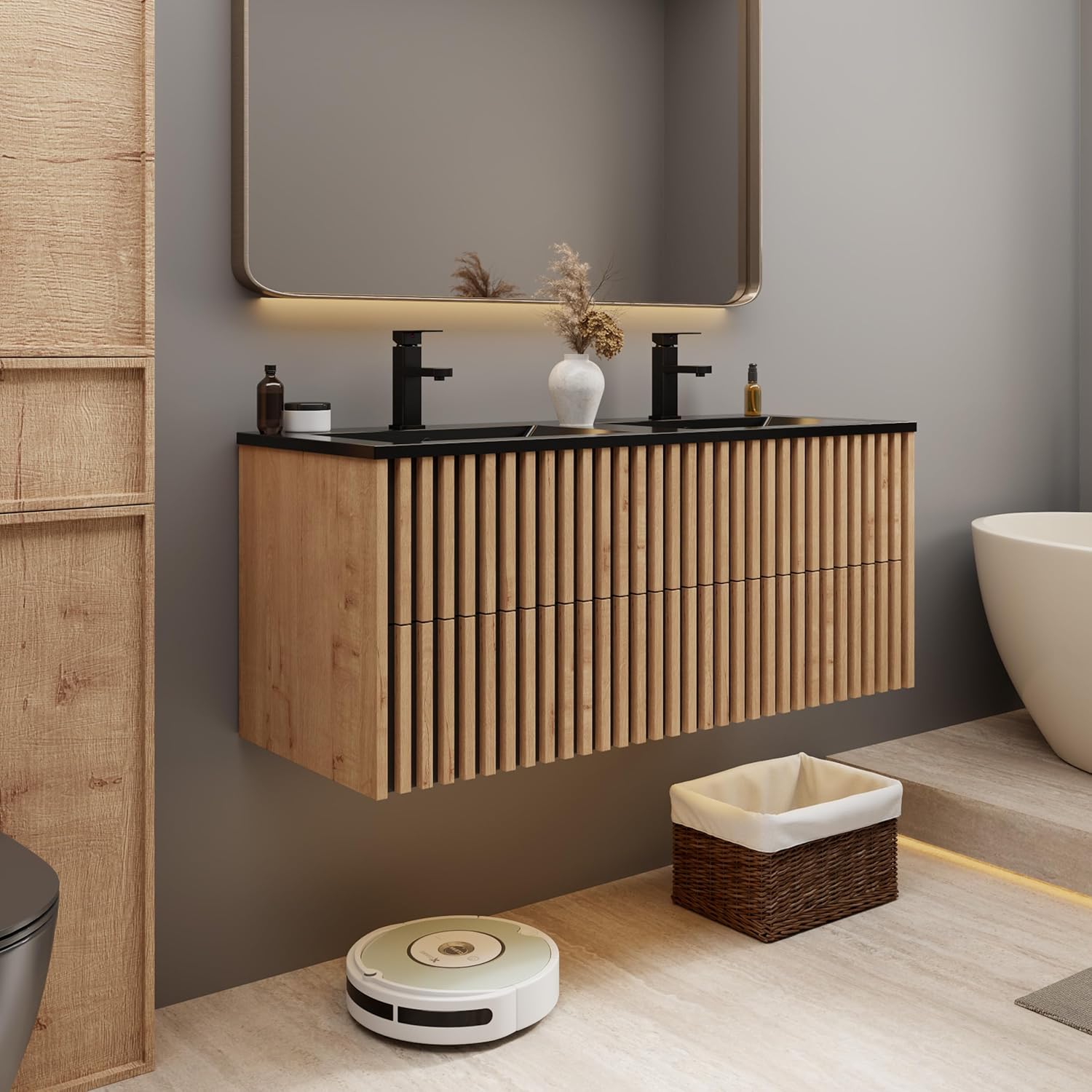 eclife 48" Floating Bathroom Vanity with Sink Combo, Modern Wall Mounted Cabinet with 4 Fluted Drawers, Undermount Black Sink, Faucet, Drain, Mixed Natural