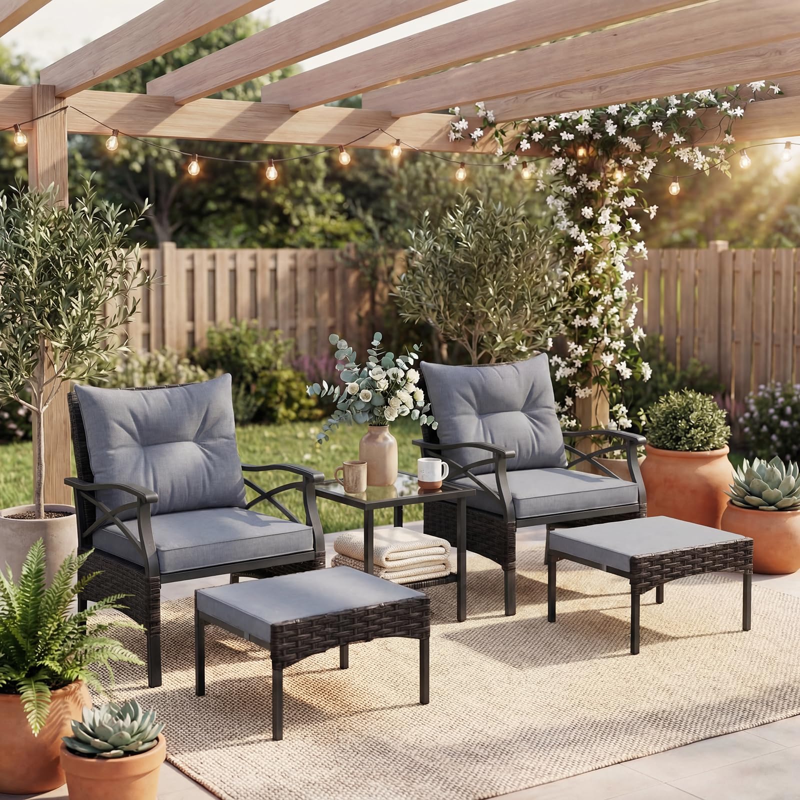 Giantex 5-teiliges Rattan Gartenmöbel Set, Balkonmöbel Kleiner 2-4 Personen, Lounge Möbel Outdoor mit Tisch, 2 Sessel, 2 Hocker, inkl. Rückenkissen & Sitzkissen, Terrassenmöbel