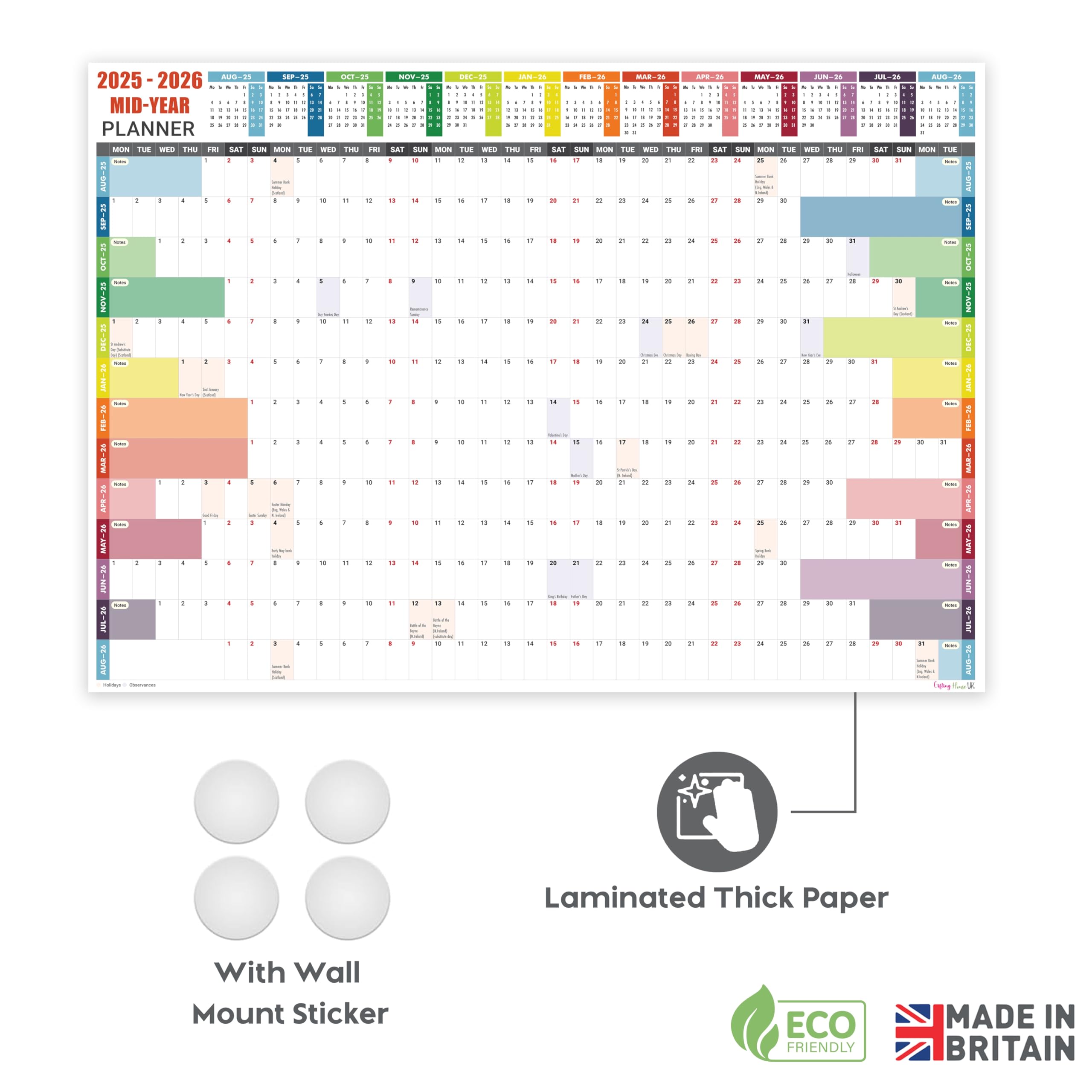 Academic Wall Planner 2025-2026 A2 Laminated – Wall Calendar From August 2025 To August 2026 – (59.4 X 42 Cm) – 13 Months Mid Year Wall Planner 25/26 – Marked Holidays – Notes Space – Made In The UK