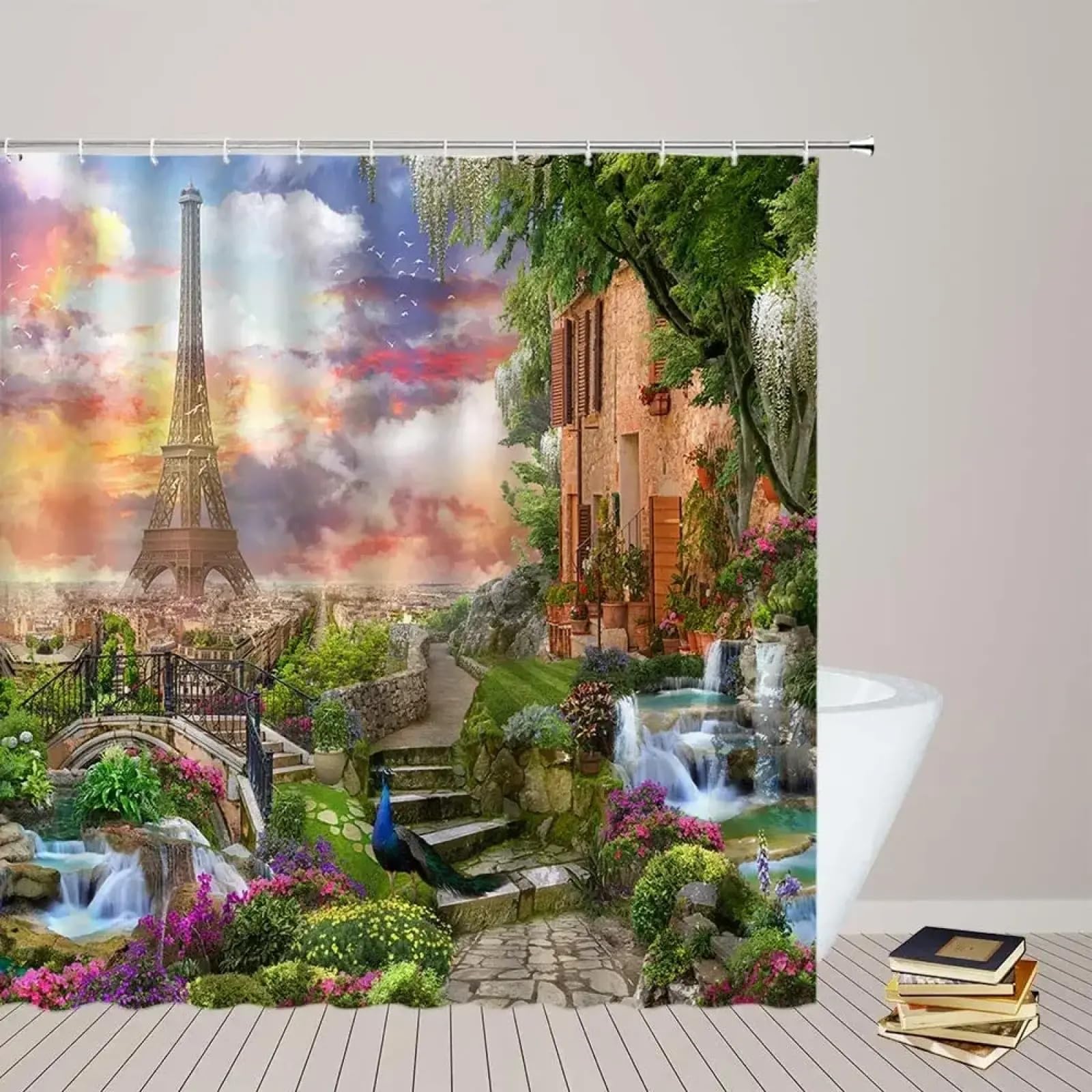 Rideaux de douche paysage printanier et architecture grand format 135x190
