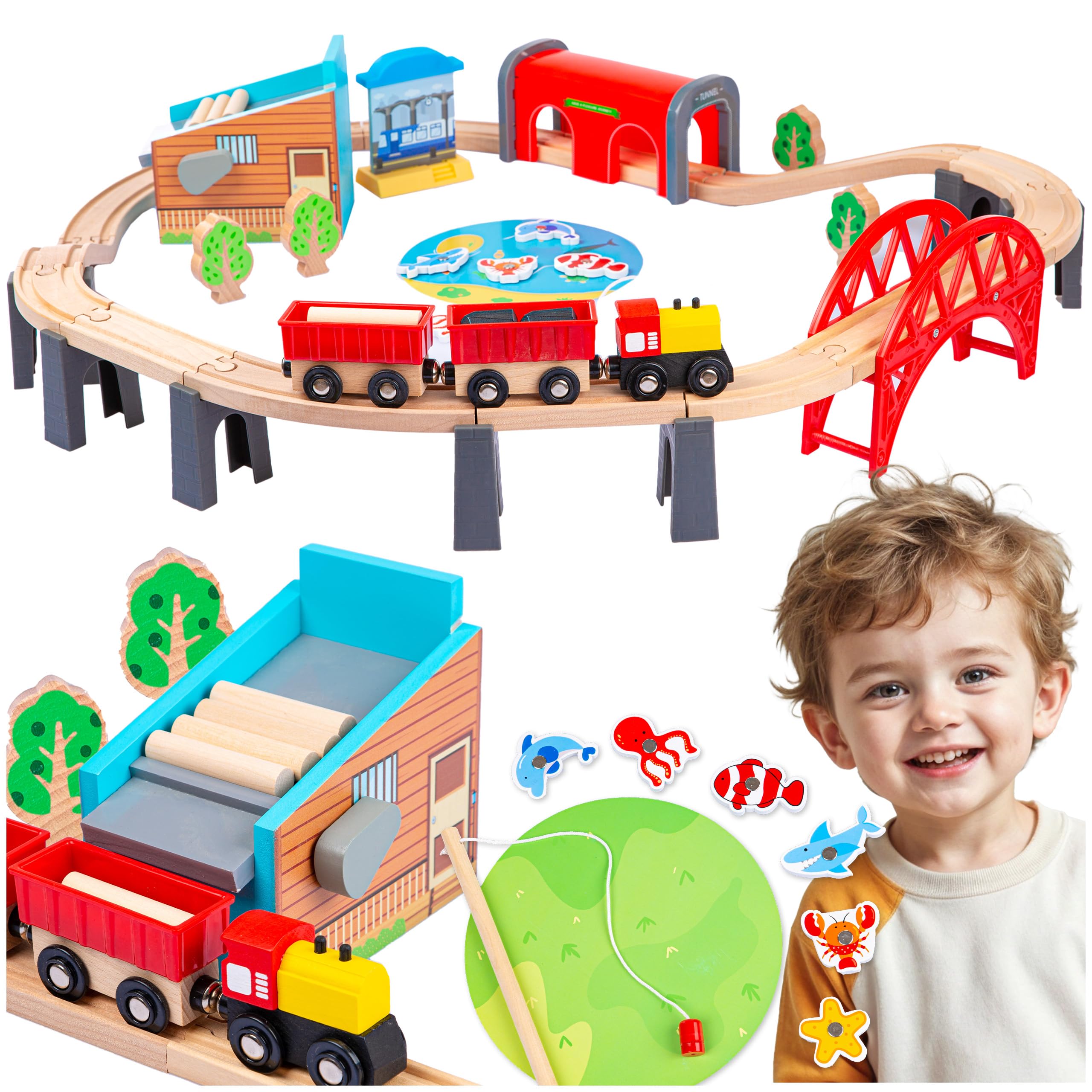 Green series Kinderplay Wooden train set | Train toy - Wooden train track | Train set for 3 year old boys, 48 pcs, 213 cm long, model GS6151