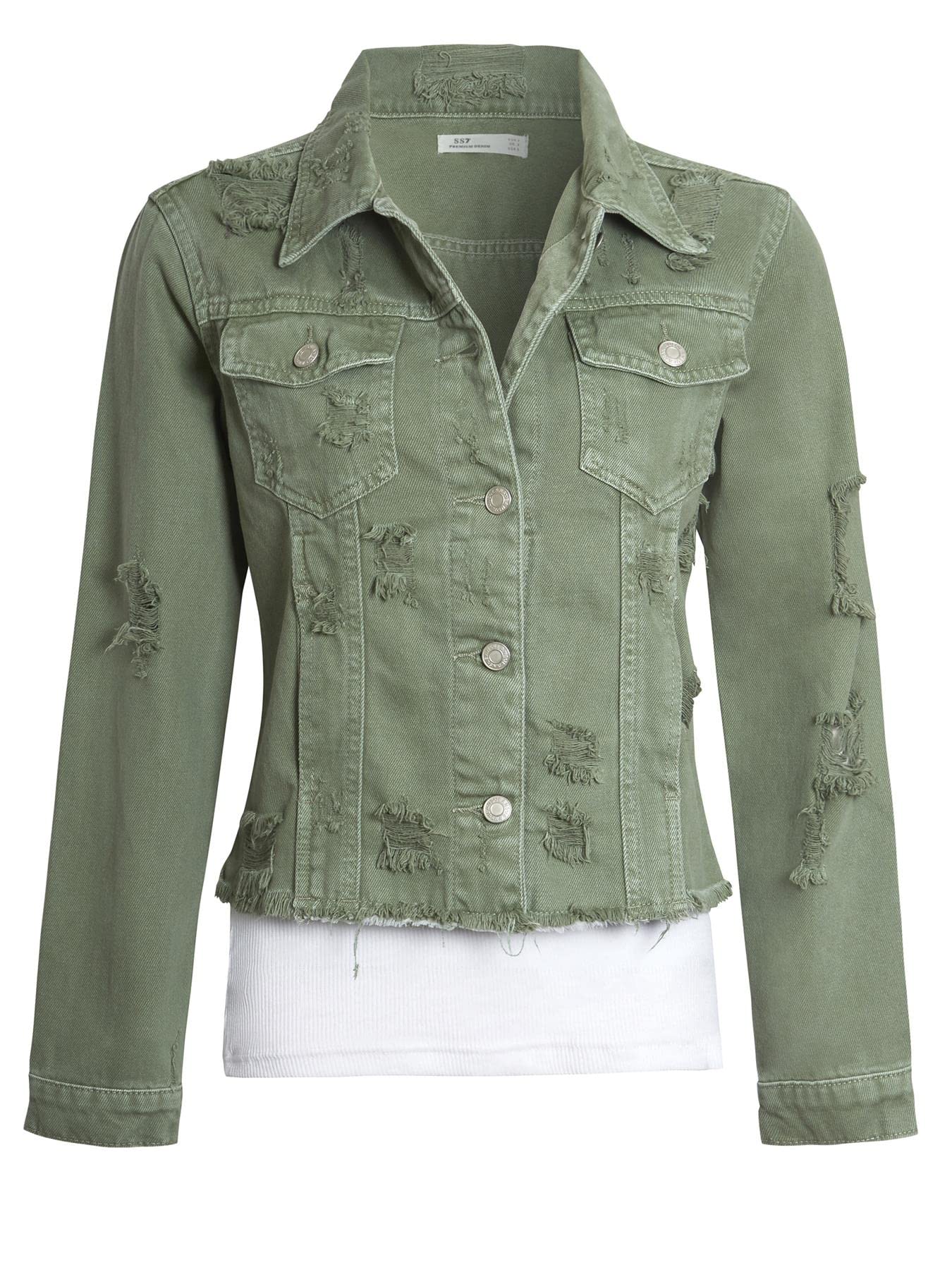 Ss7 Women's Denim Khaki Denim Distressed Khaki Frayed Jacket