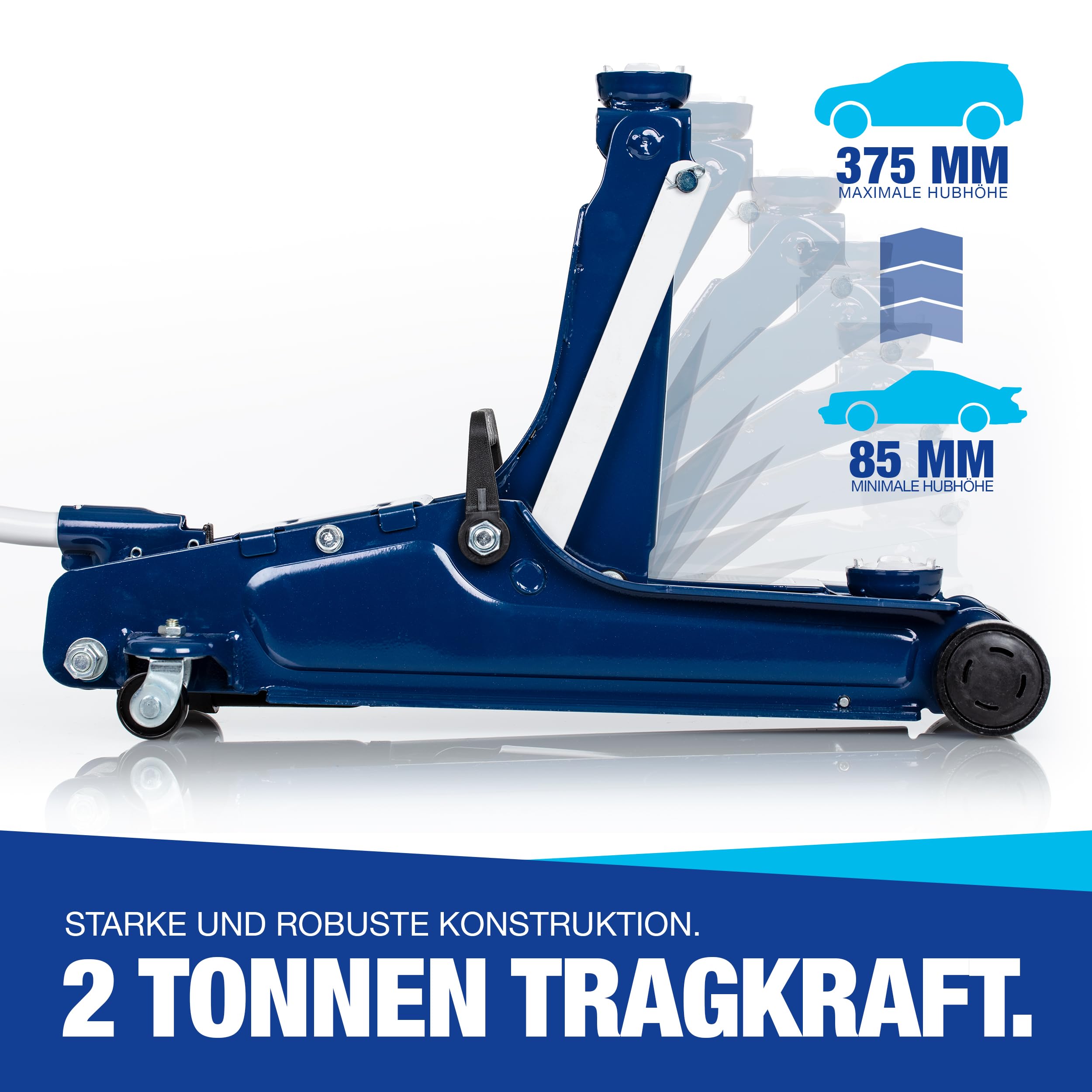 NTG HYDRAULISCHER WAGENHEBER 2T – TÜV-zertifizierter Flacher Rangierwagenheber für PKW & tiefergelegte Fahrzeuge – 85–375 mm Hubhöhe – Wagenheber Hydraulisch mit 2.000 kg Tragkraft und Gummiauflage