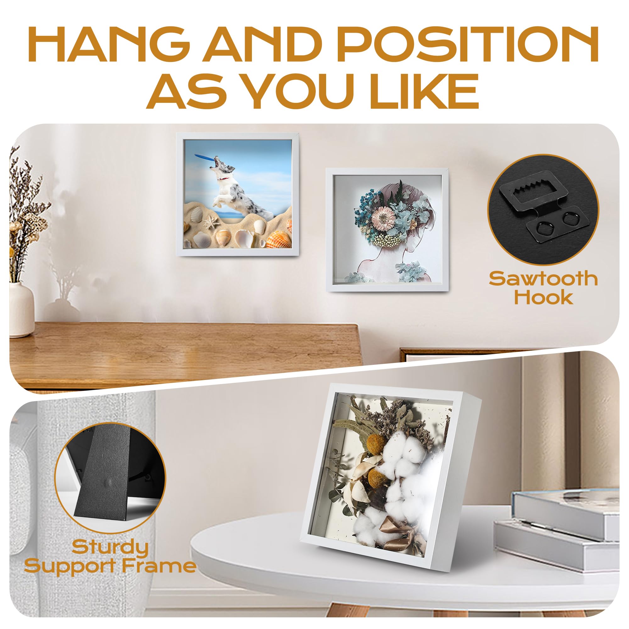 Cadre 3D Profond 20x20 cm Cadre Photo Vitrine 3D Cadre Boîte en Bois Cadres d'Objet Carrée, Cadres Profond avec Vitre pour Objet pour DIY de Bouquets, Spécimens, Coquillages