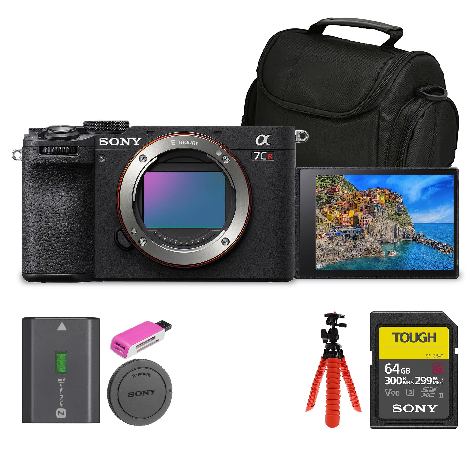 Sony Alpha 7CR Mirrorless Full-Frame Interchangeable Lens Hybrid Camera (ILCE-7CR/B) + 64GB SF-G Tough Card + Bag + Card Reader + Flex Tripod +