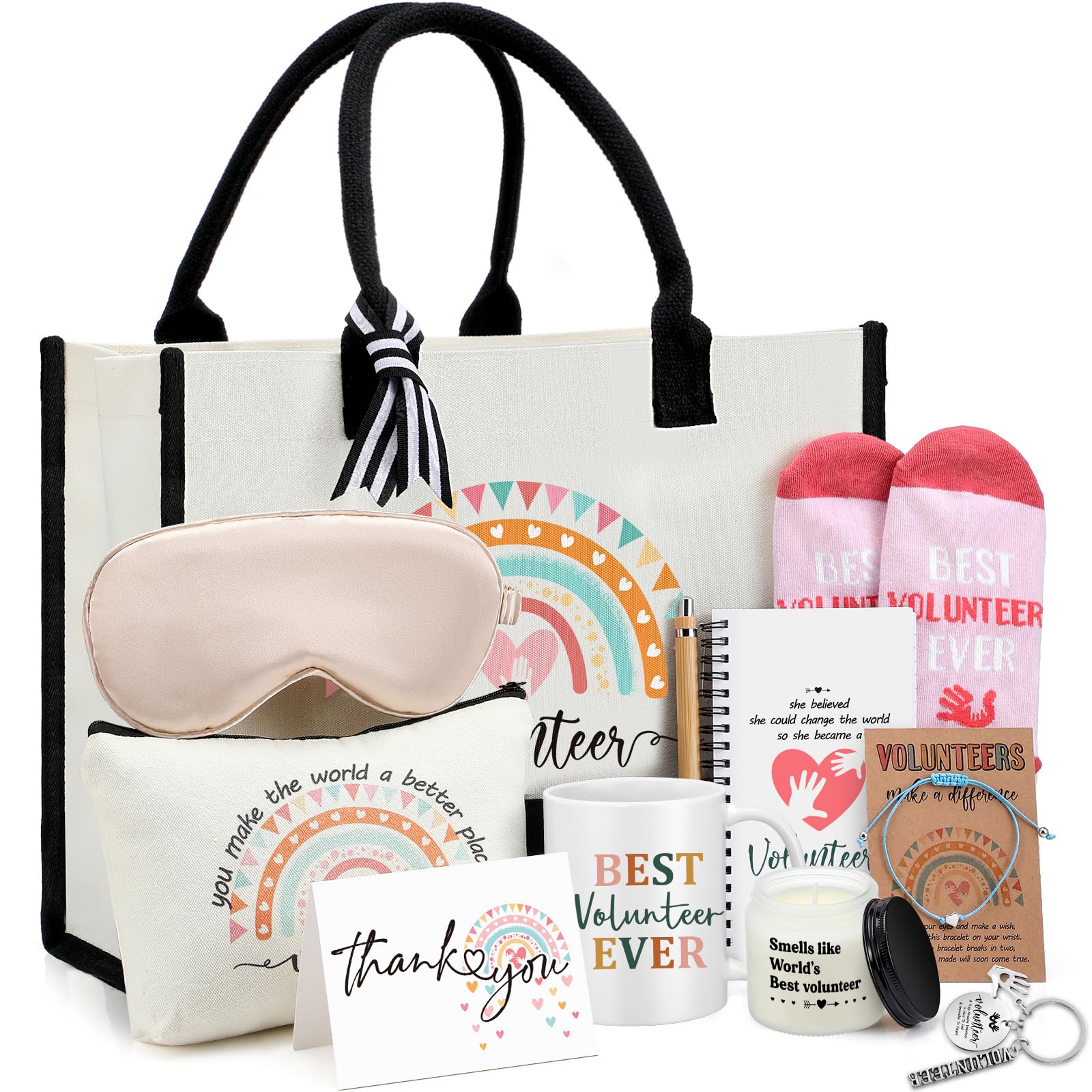 Leinuosen 12 Pcs Volunteer Appreciation Gifts Set for Women Trapezoid Grocery Canvas Tote Bag with Handle Makeup Bag Mug Scented Candle Novelty Socks