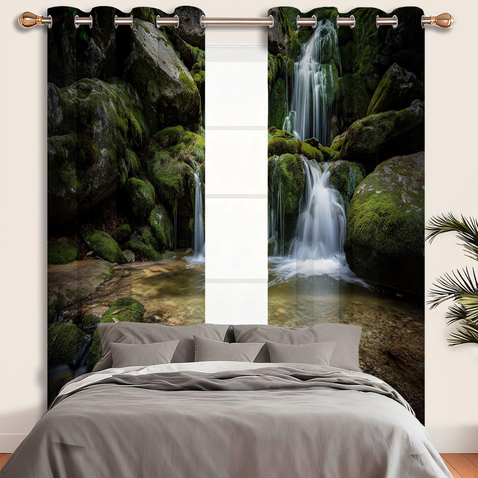 Kräuselband Gardinen Grün Blickdicht 2er Set H183×B117 cm, Natur Wald Moos Wasserfall Verdunklungsgardine mit ösen, Thermovorhang Hitzeschutz Vorhänge für Wohnzimmer & Schlafzimmer