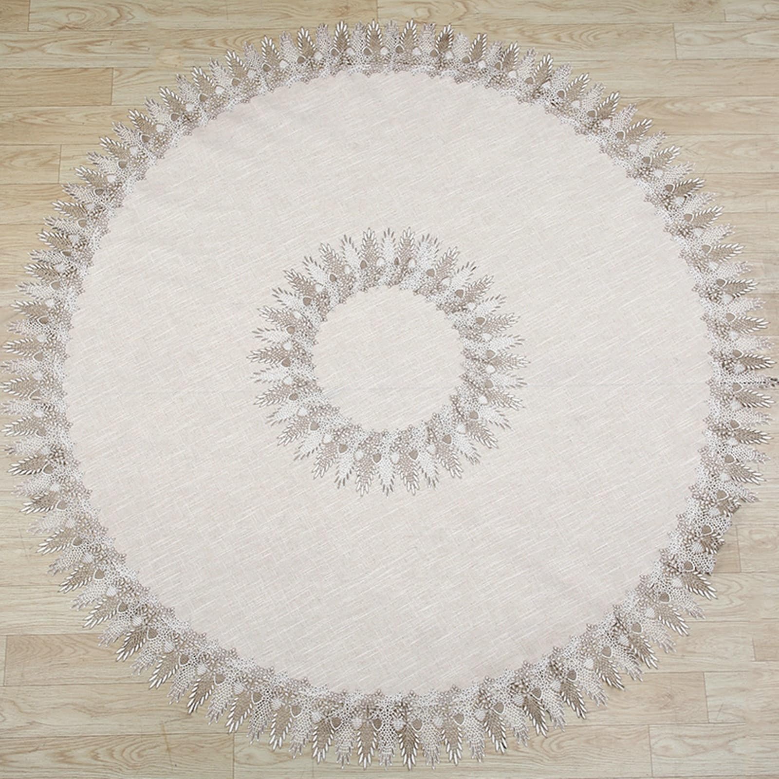 Tovaglia rotonda beige, pizzo floreale in lino, 150 cm