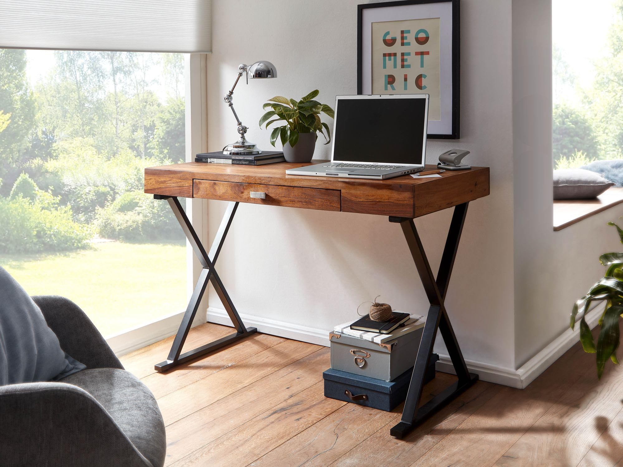 FineBuy Bureau 120x55x78 cm Bois Massif Sheesham, Piètement en X Noir