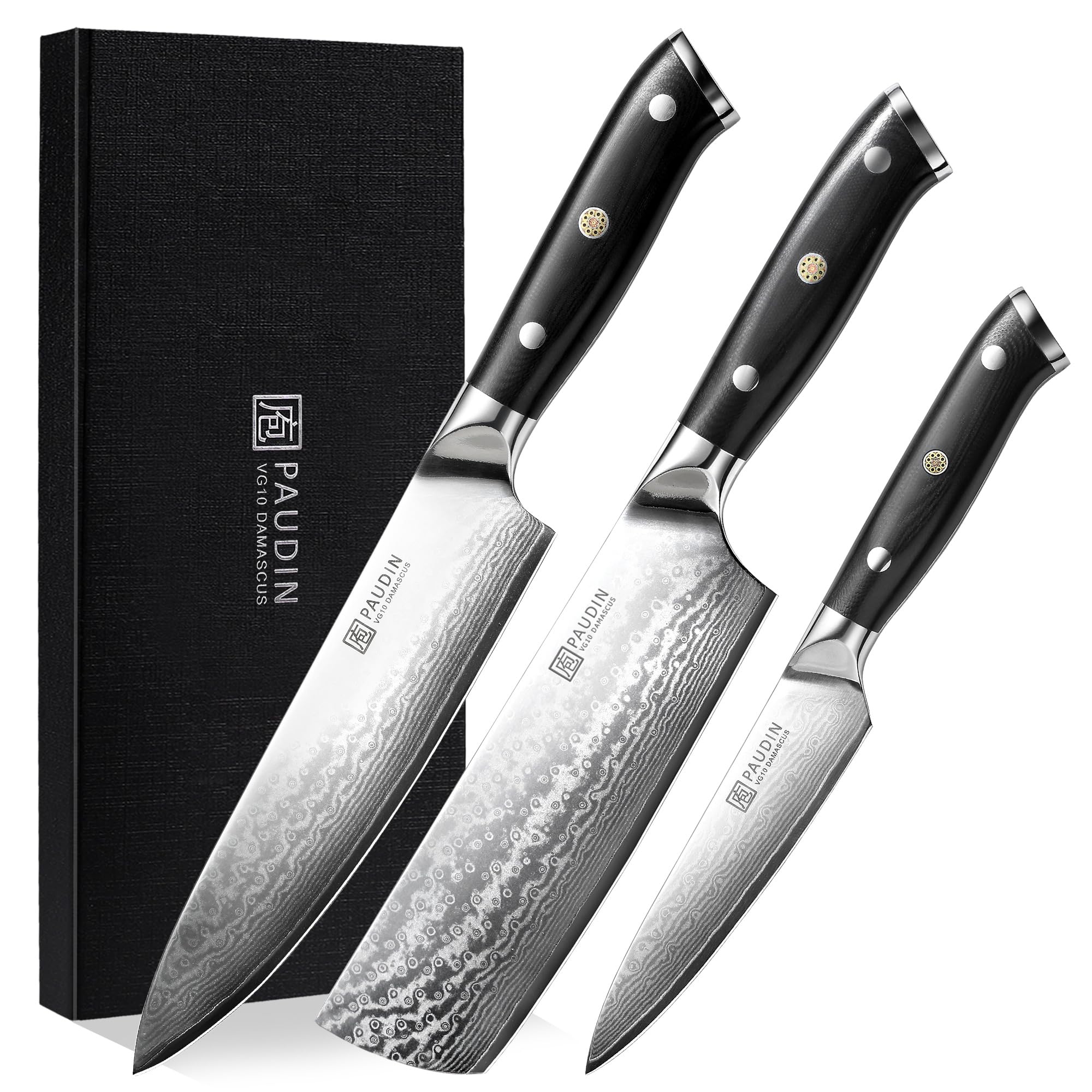 PAUDIN Damastmesser Set, 3-teiliges Messerset aus umweltfreundlichem & nachhaltigem 67 Schichten VG10 Damaststahl mit G10 Griff - Küchenmesser, japanisches messer, und Allzweckmesser mit hoher Härte