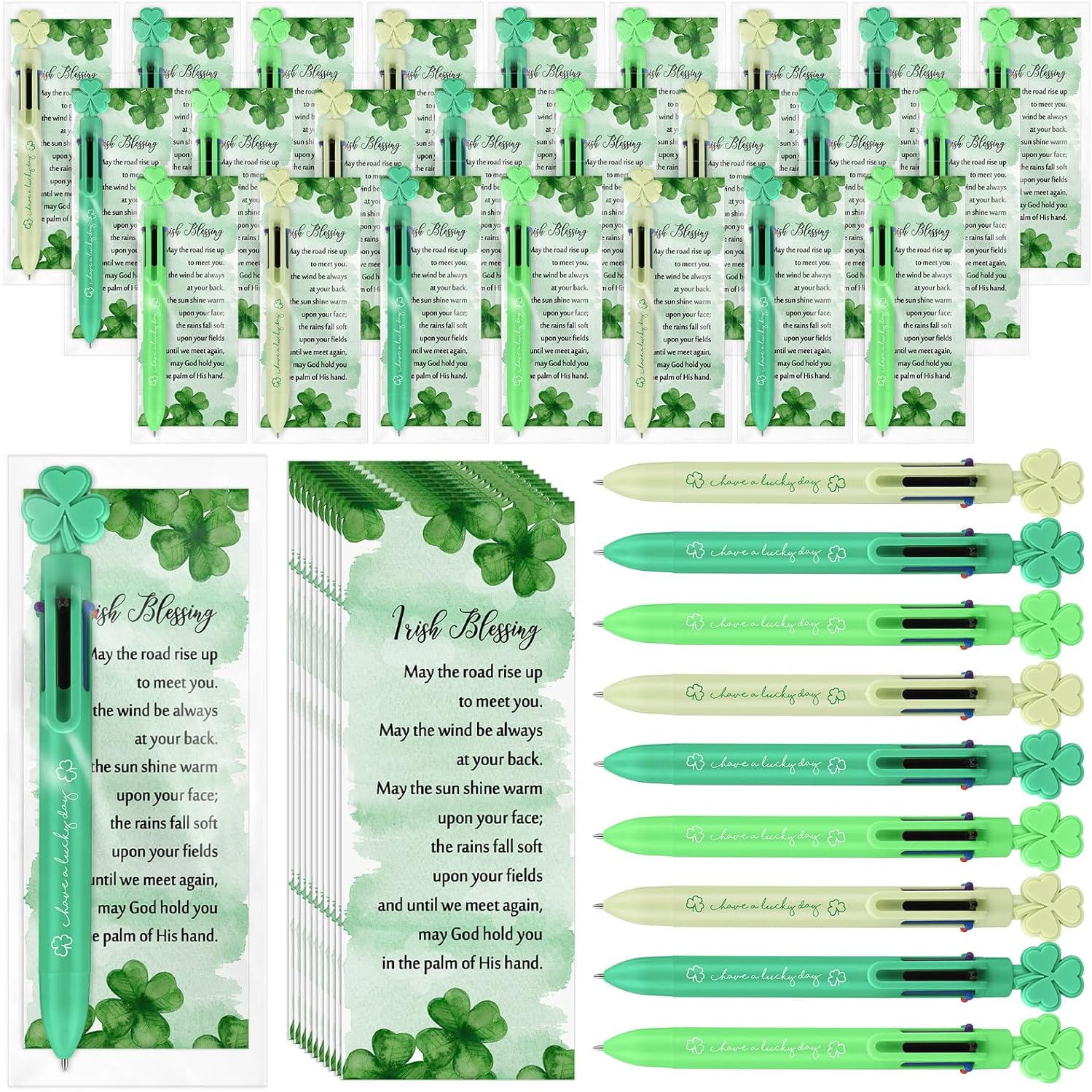 Motipuns 60 Sets St Patrick's Day Gifts Bulk Shamrock Ballpoint Pens with Irish Blessing Cards 6-in-1 Multicolor Pens for Classroom Coworker Good Luck Gifts Irish Party Favors Office Supplies