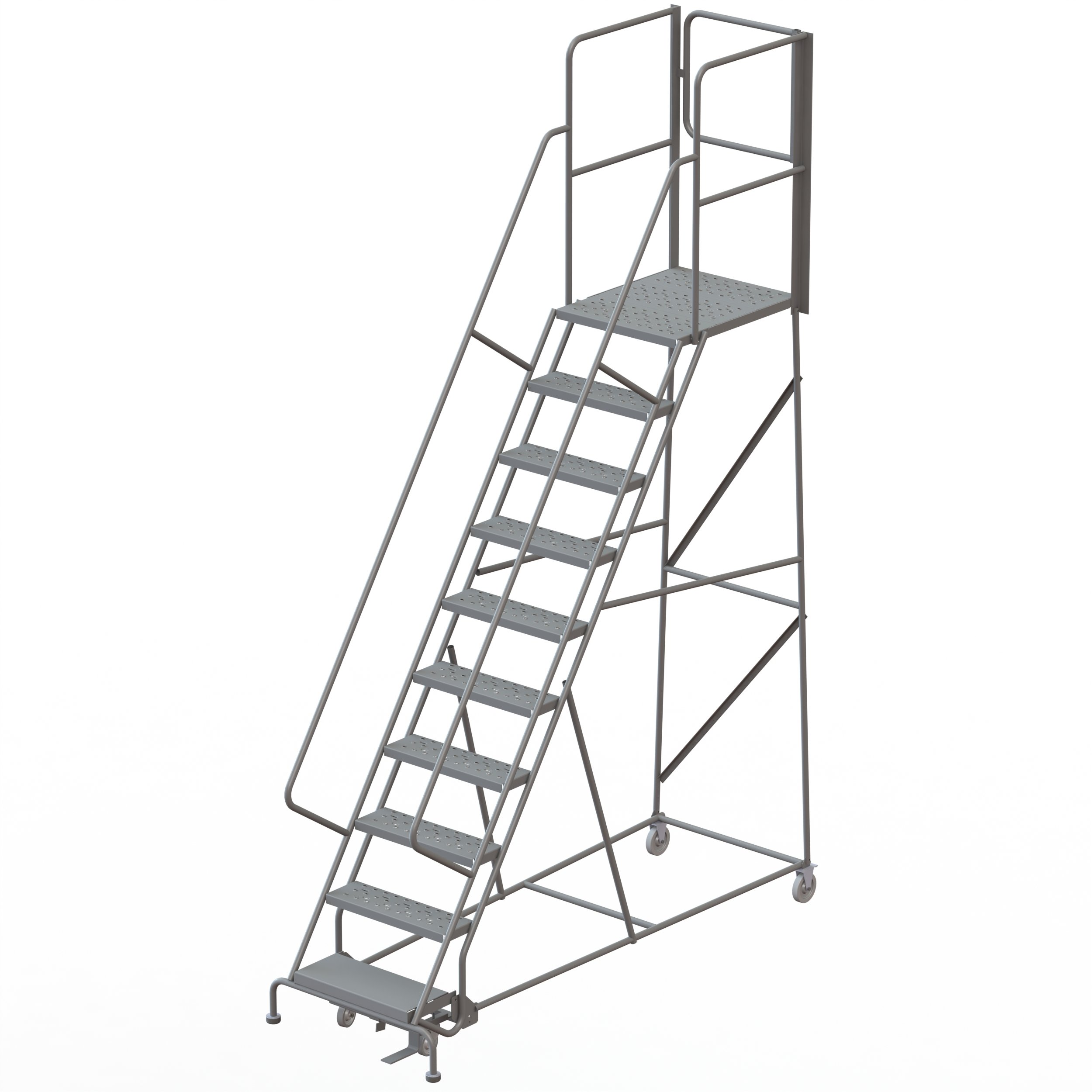 Tri-Arc RWSR110246-XR 10-Step Gateway Rear-Exit Steel Rolling Ladder with 30" Deep Top Platform, Perforated Tread with Handrails, 24" Wide Steps, Gray