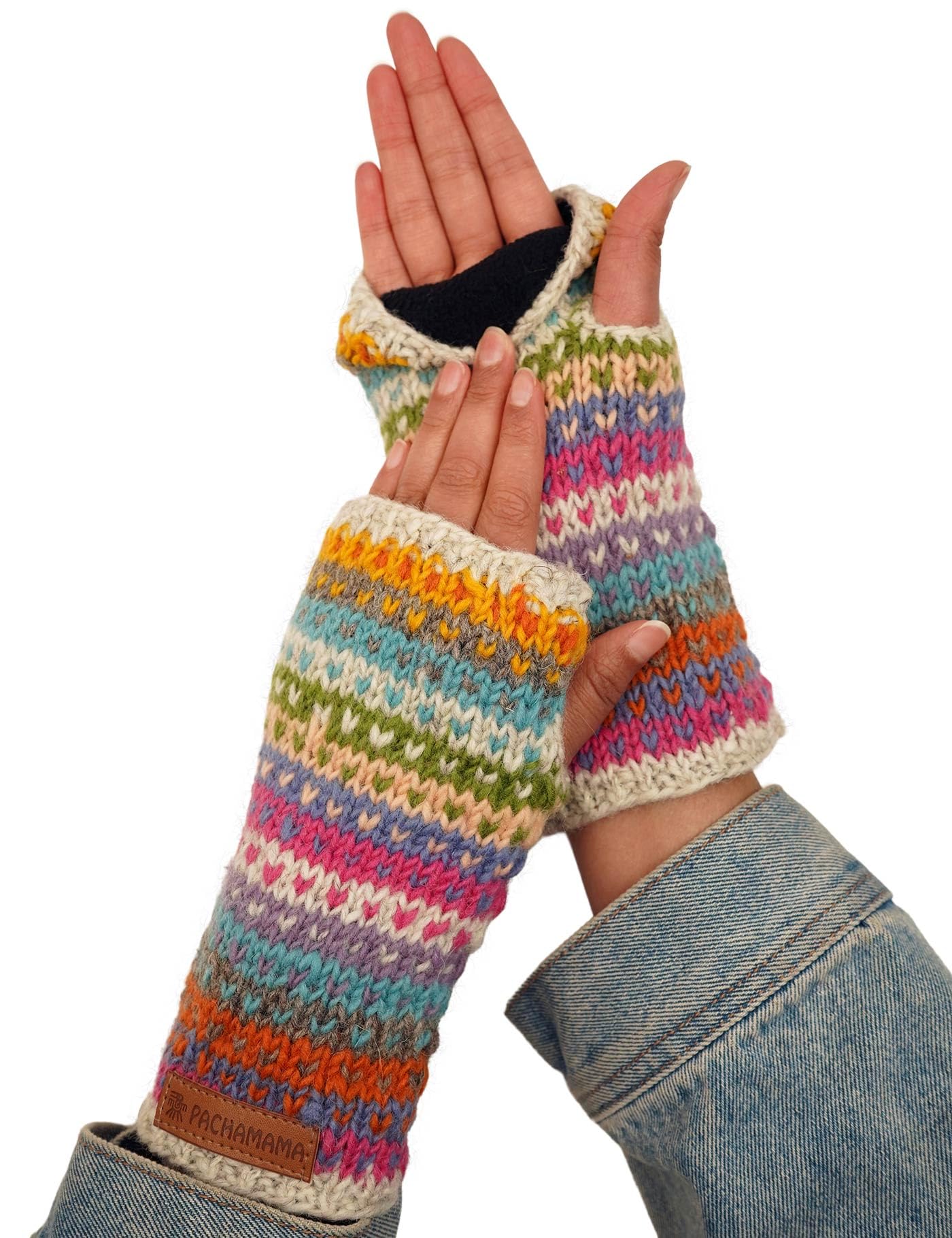Pachamama Damen Wollmütze mit Bommelmütze und Hand-/Handgelenkwärmer, 2 Stück, Geschenk-Set, mit Fleece gefüttert, handgestrickt, Punkte, Streifen, mehrfarbig, Einheitsgröße, handgefertigt, extra warm