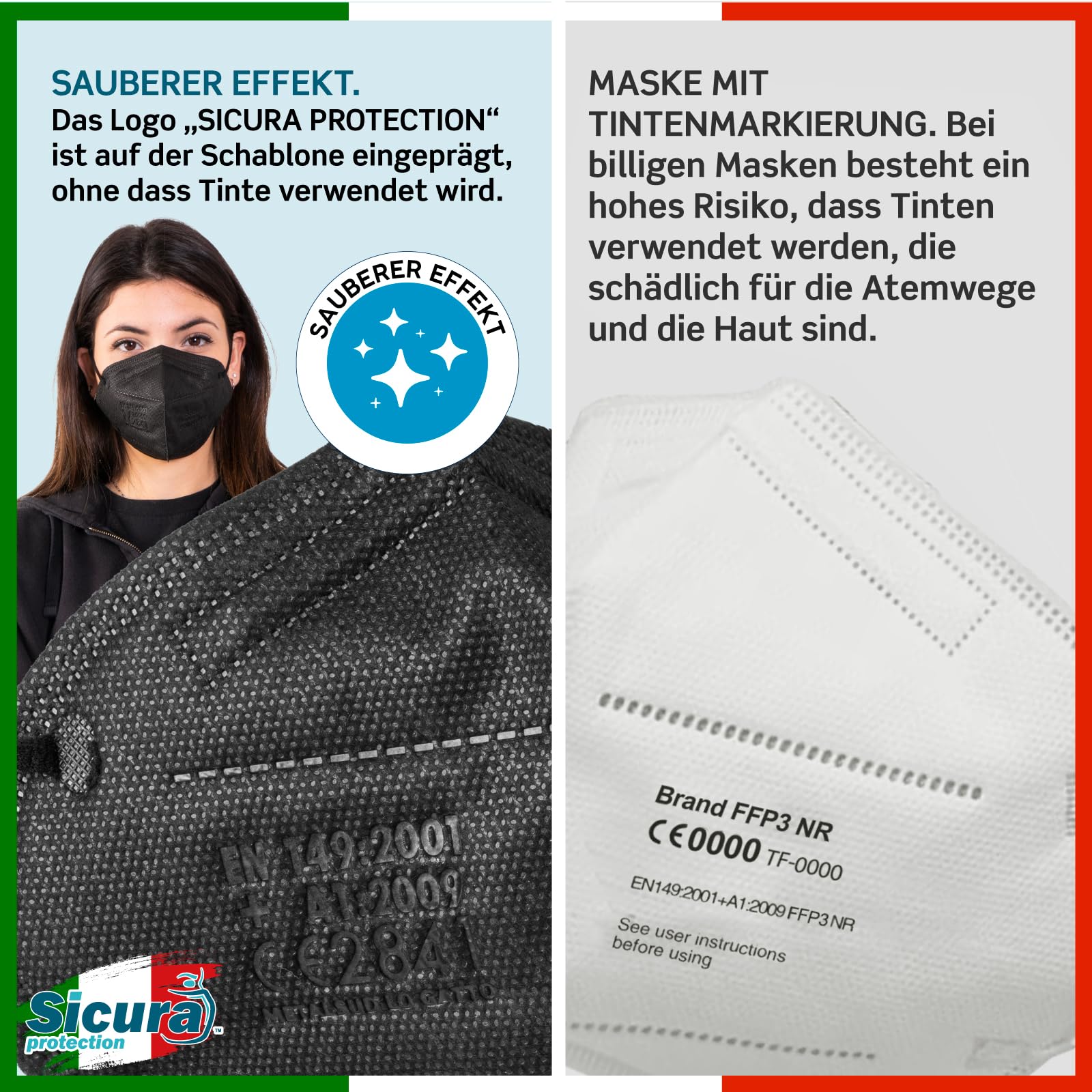 10x CE-zertifizierte FFP3-Masken Schwarz Made in Italy mit aufgedrucktem SICURA-Logo PFE ≥99% | BFE ≥99% SANIFIZIERT und einzeln versiegelt