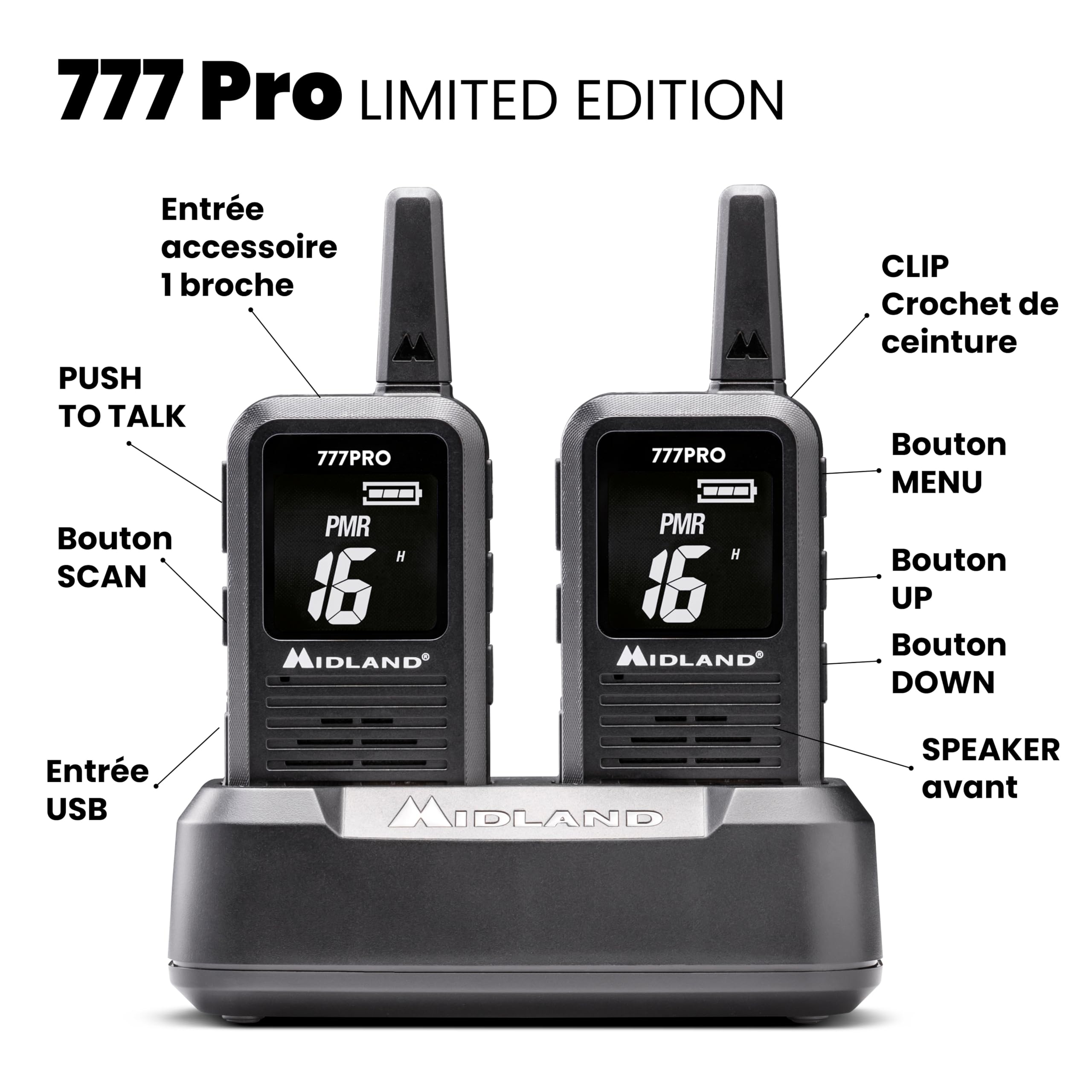 Midland - Talkie Walkie Professionnel 6Km 777 Pro, 2 Radio Récepteur Émetteur pour Sécurité, 85 Canaux - 16 PMR446/69 LPD, 38 CTCSS e 104 DCS, Autonomie 14H, Écran Numérique et Piles Rechargeables