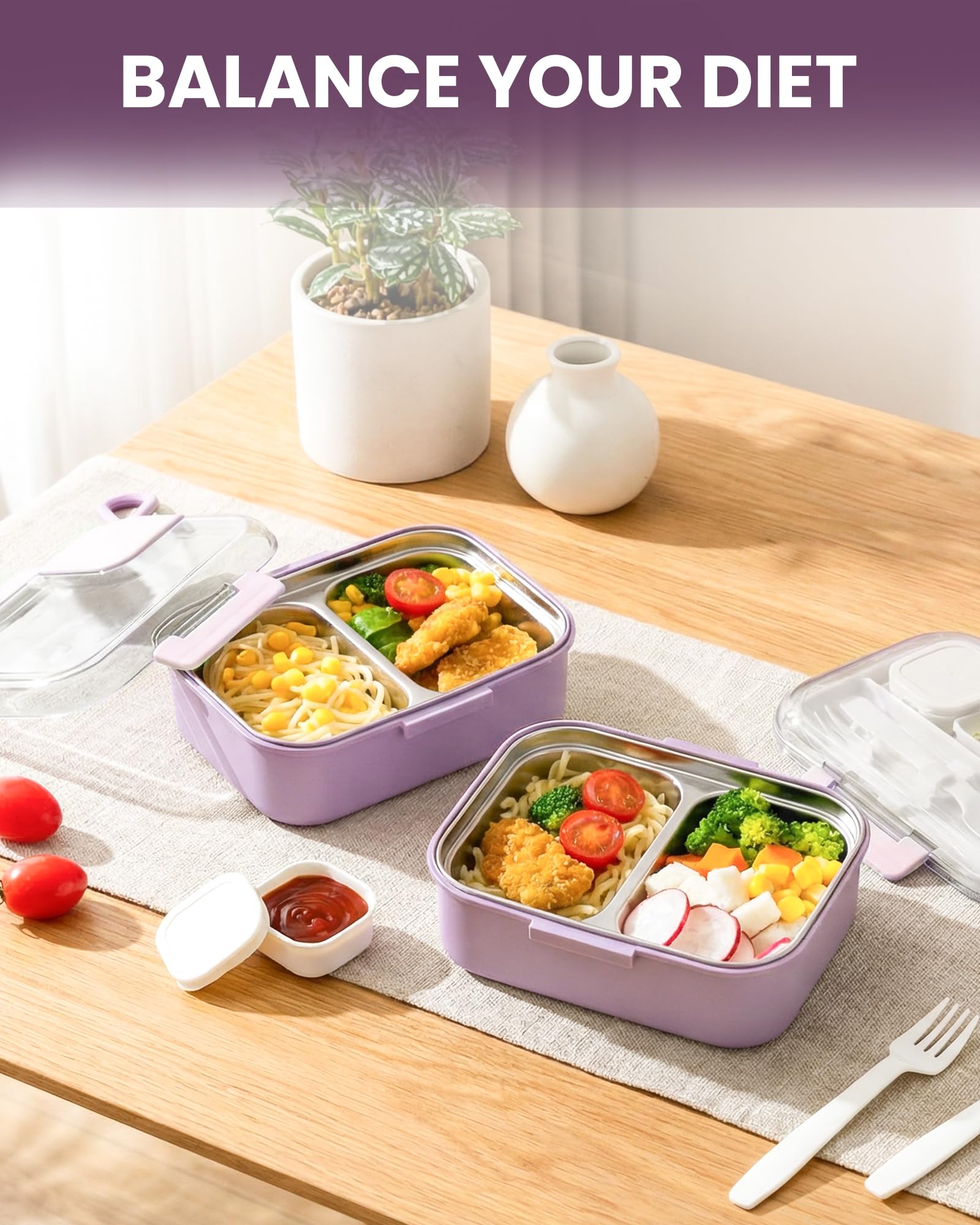 Lille Home Fiambrera ensaladas, 750 ml, acero inoxidable, 2 compartimentos, bol con recipiente para aderezo, fácil de transportar, libre de BPA (morado)