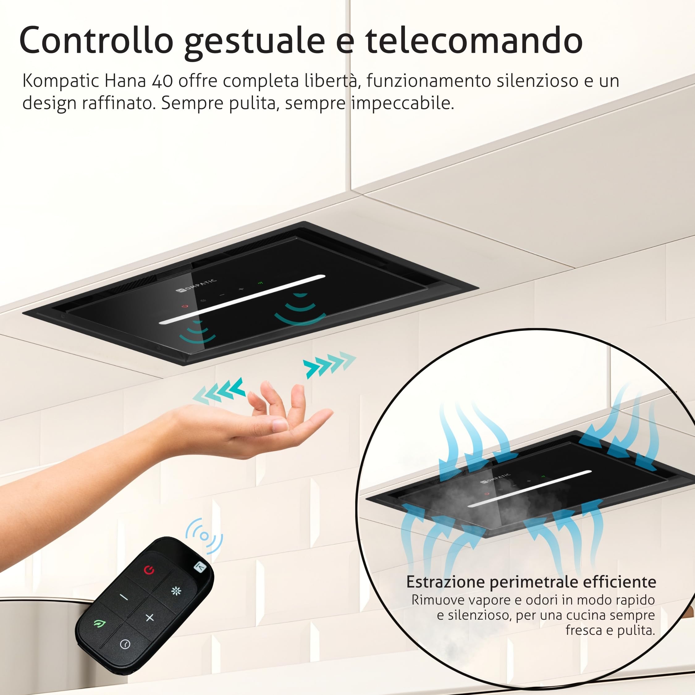 HANA 40 KPHN40BIB Cappa aspirante Incasso, A++, 40 cm, Controllo gestuale, Touch, Telecomando, Modalità purificazione aria, 450 m³/h, LED dimmerabile, Regolazione temperatura colore, Nero