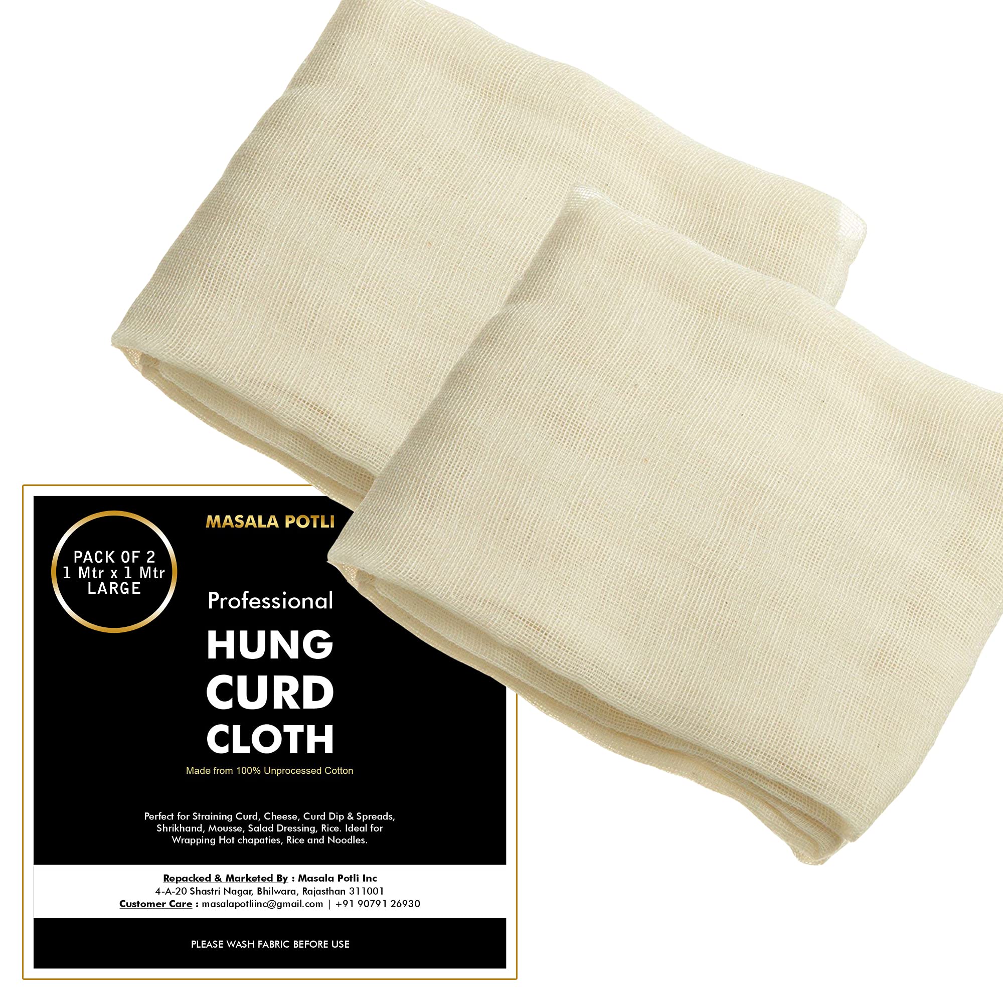 100% Cotton Muslin Cloth for Straining Curd, Yogurt, Cheese, Shrikhand, Paneer, Jam, Sprouts | Unbleached, Chemical-Free, Reusable | 1m x 1m | Pack of 2 | Kitchen & Cooking Essentials