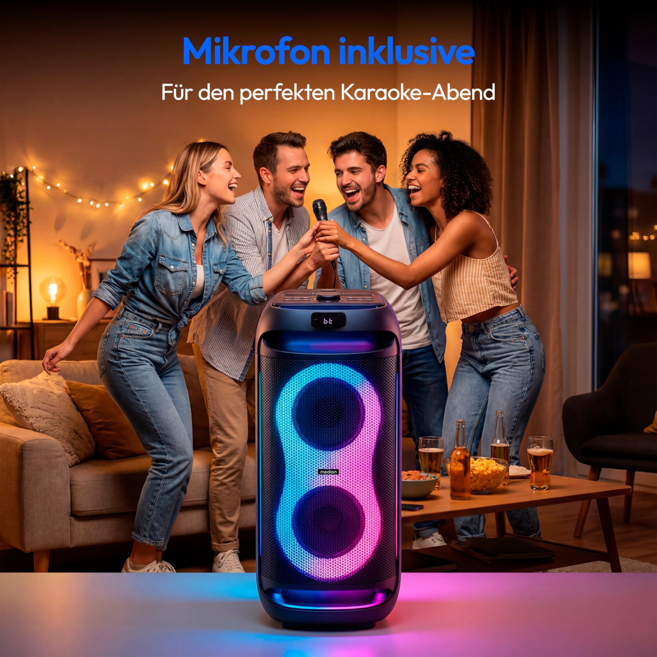 MEDION PE-2 Plus Partybox (Akku, mit Mikrofon, tragbarer Bluetooth Lautsprecher groß, Musikbox, Verschiedene Lichteffekte, Partylautsprecher mit Karaoke, Mikrofon und Gitarren Anschluss, AUX, USB)