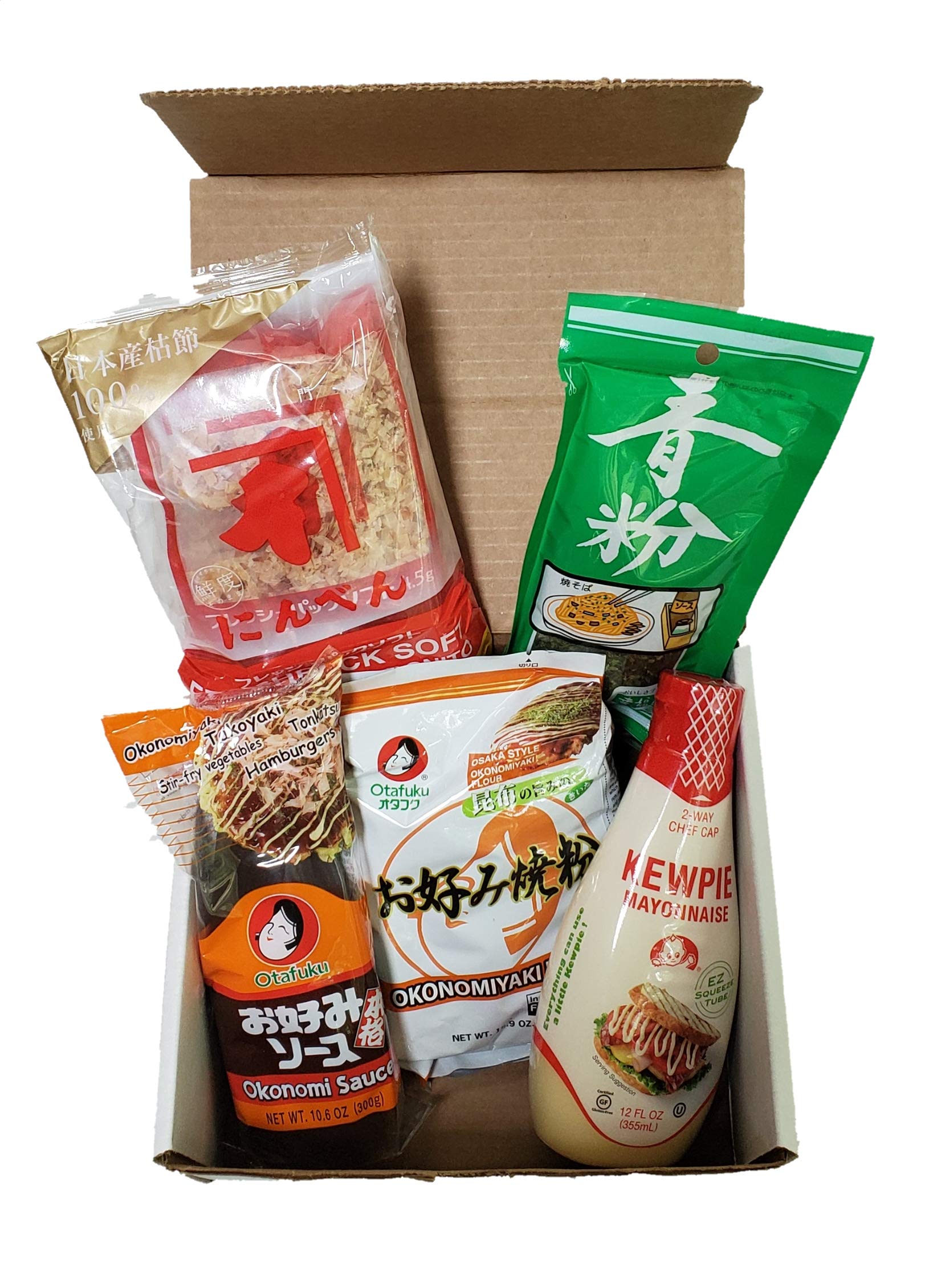 Okonomiyaki 5-in-1 Kit with Recipe | Includes Otafuku Osaka Style Flour Mix, Okonomi Sauce, Japanese Mayonnaise, Takaokaya Aonori Seaweed Seasoning, and Bonito Flakes | Comfortably serves 6-8