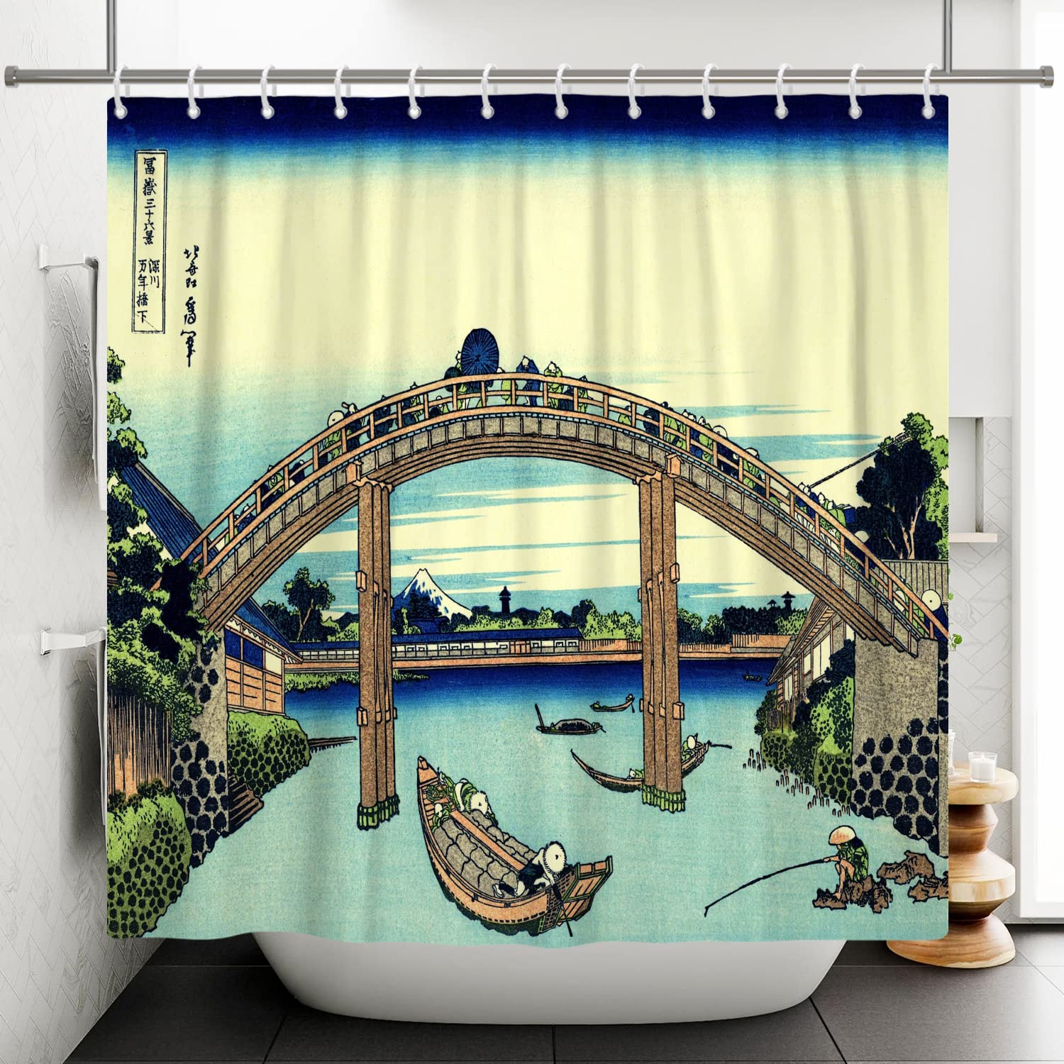 SDOTPMT 72x72inch Ukiyo-e Japanese Vintage Bridge Mount Fuji Scenery Shower Curtain Orient Traditional Ethnic Anime Bath Curtain Kanagawa Natural Shower Curtain for Bathroom Polyester with Hooks - Image 2