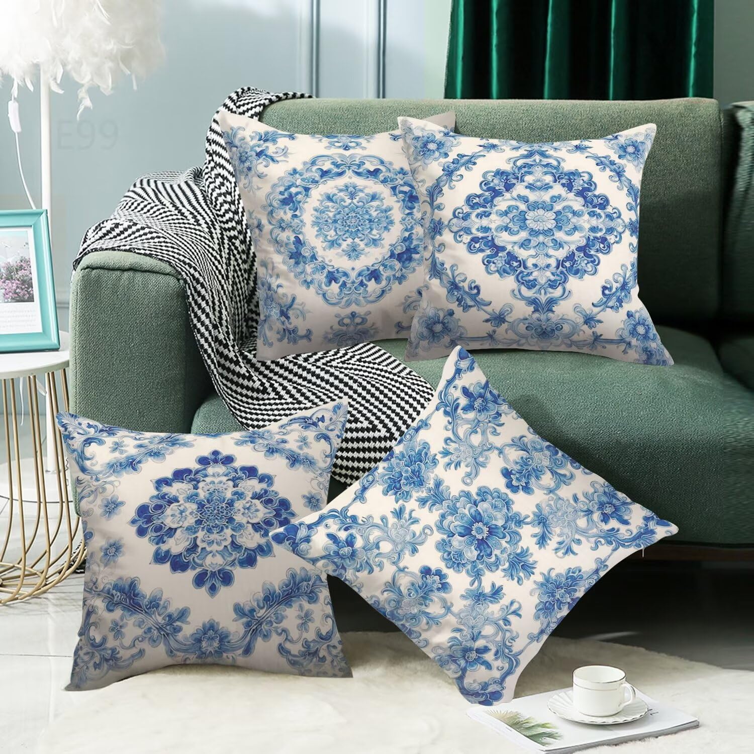 Azzurro Federe Cuscini Divano 60x60cm,4 Pack Mandala Estate Esterno Cuscini per Divano,Doppio Lato Quadrato Morbido Cuscini Divano,per Divano Soggiorno Sedia Autunno Dekoration Cuscino,Regali LY-99